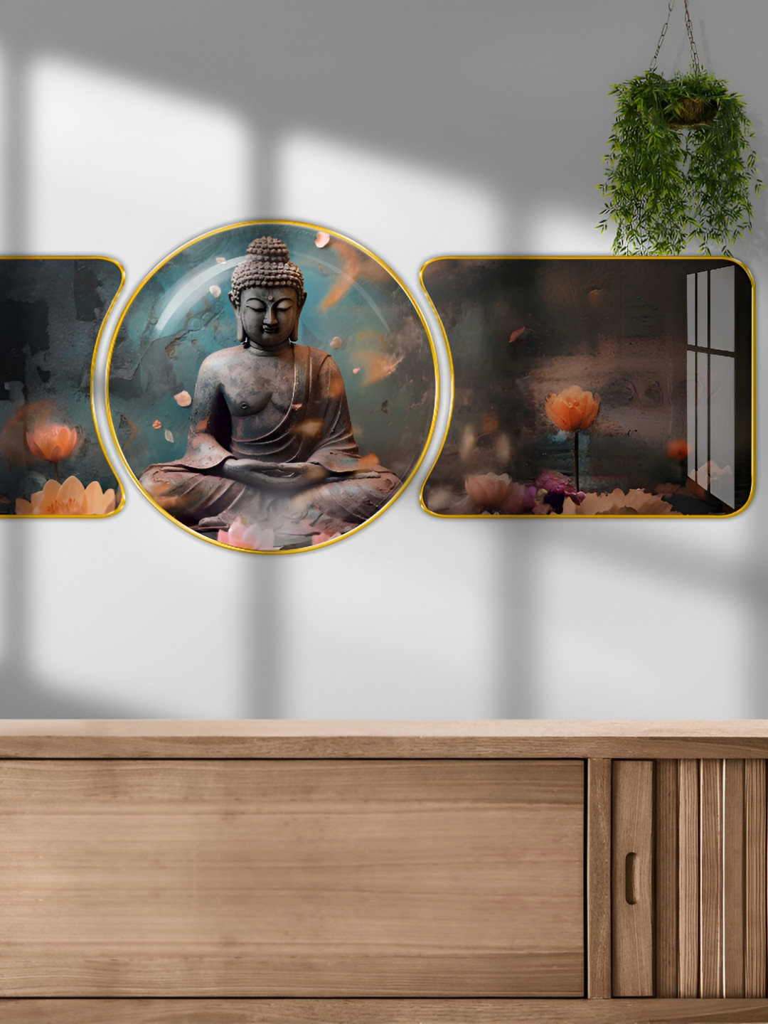 Aura Buddha Wood 3 Piece Wall Round Paintings Wall Art - 48 x 16 In