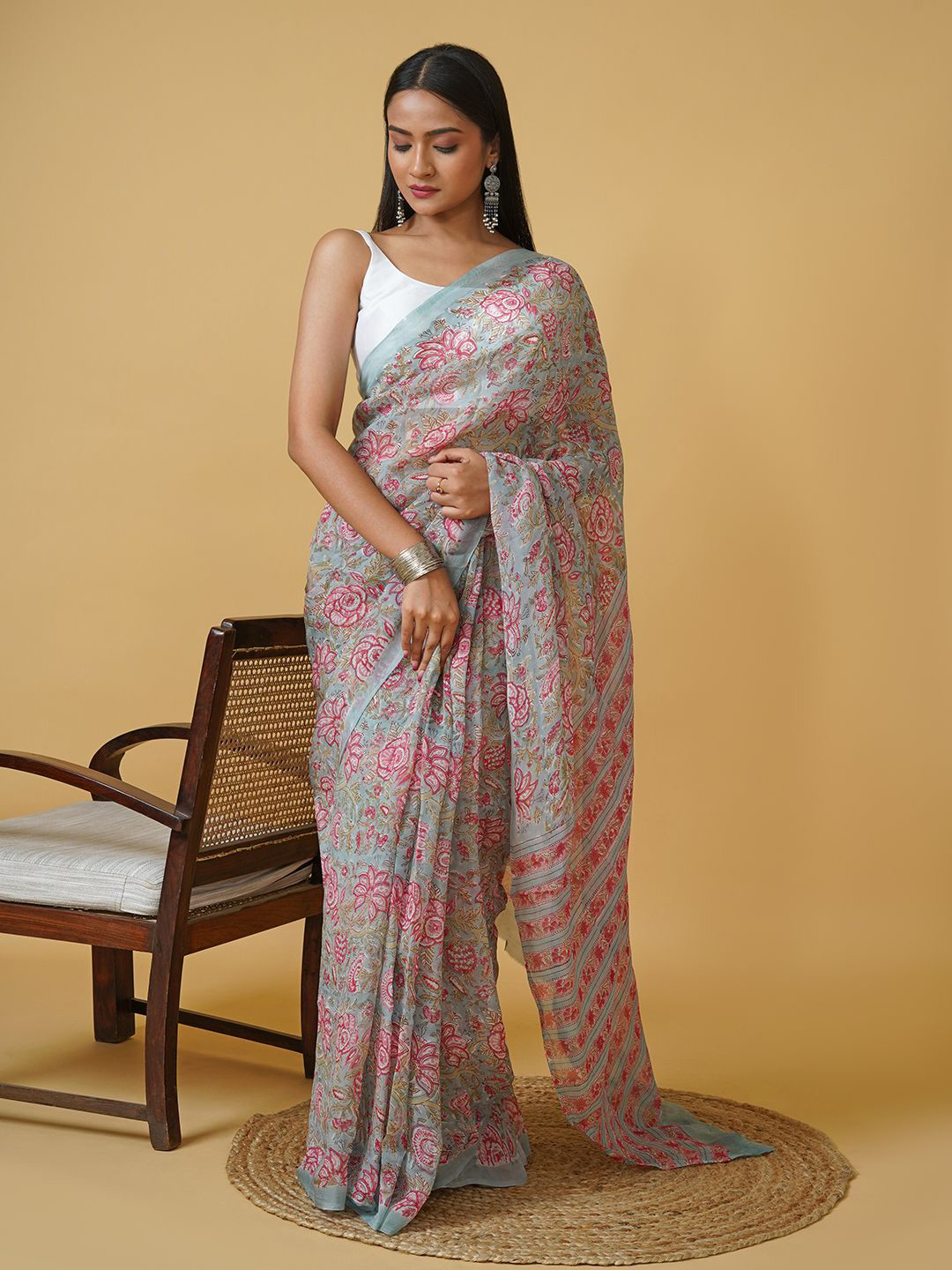 TEEJH Floral Organza Block Print Saree