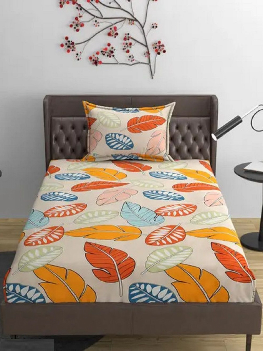 Innovative Edge Orange Leaf Cotton 160 TC Fitted Single Superfine Bedsheet with a Pillow Cover-48 x 71 inches