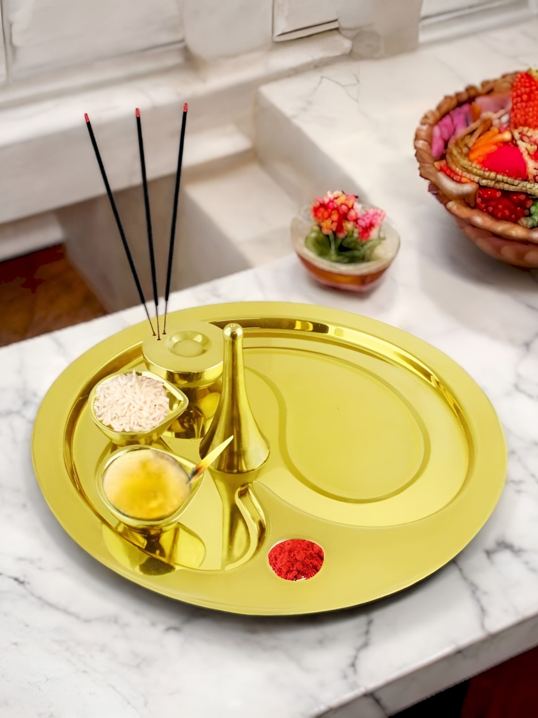 FNS Yellow Textured Pooja Thali Plate with Ganesh Design