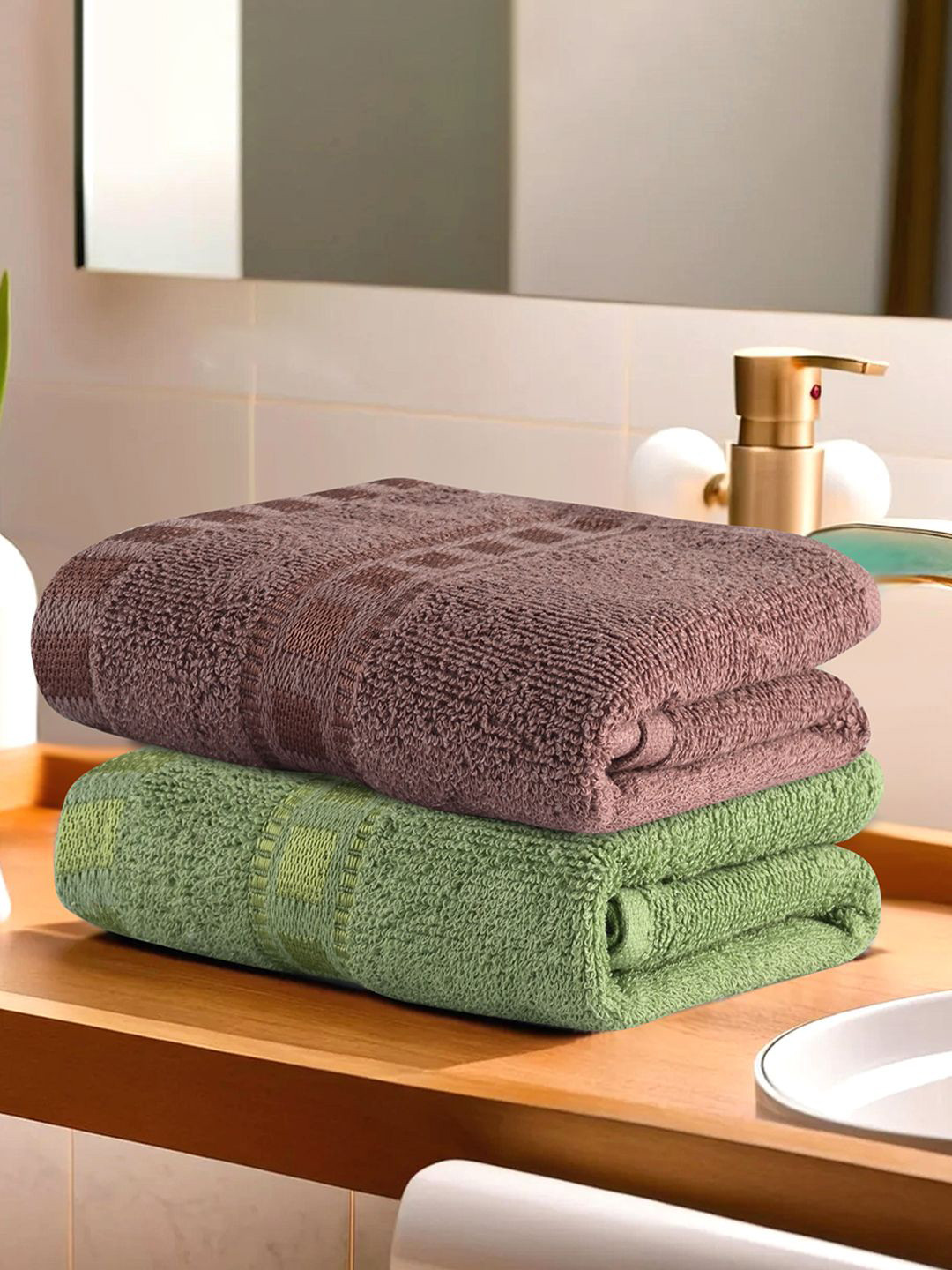 Kuber Industries Green & Brown 2 Pcs Self Designed Cotton 225 GSM Face Towels