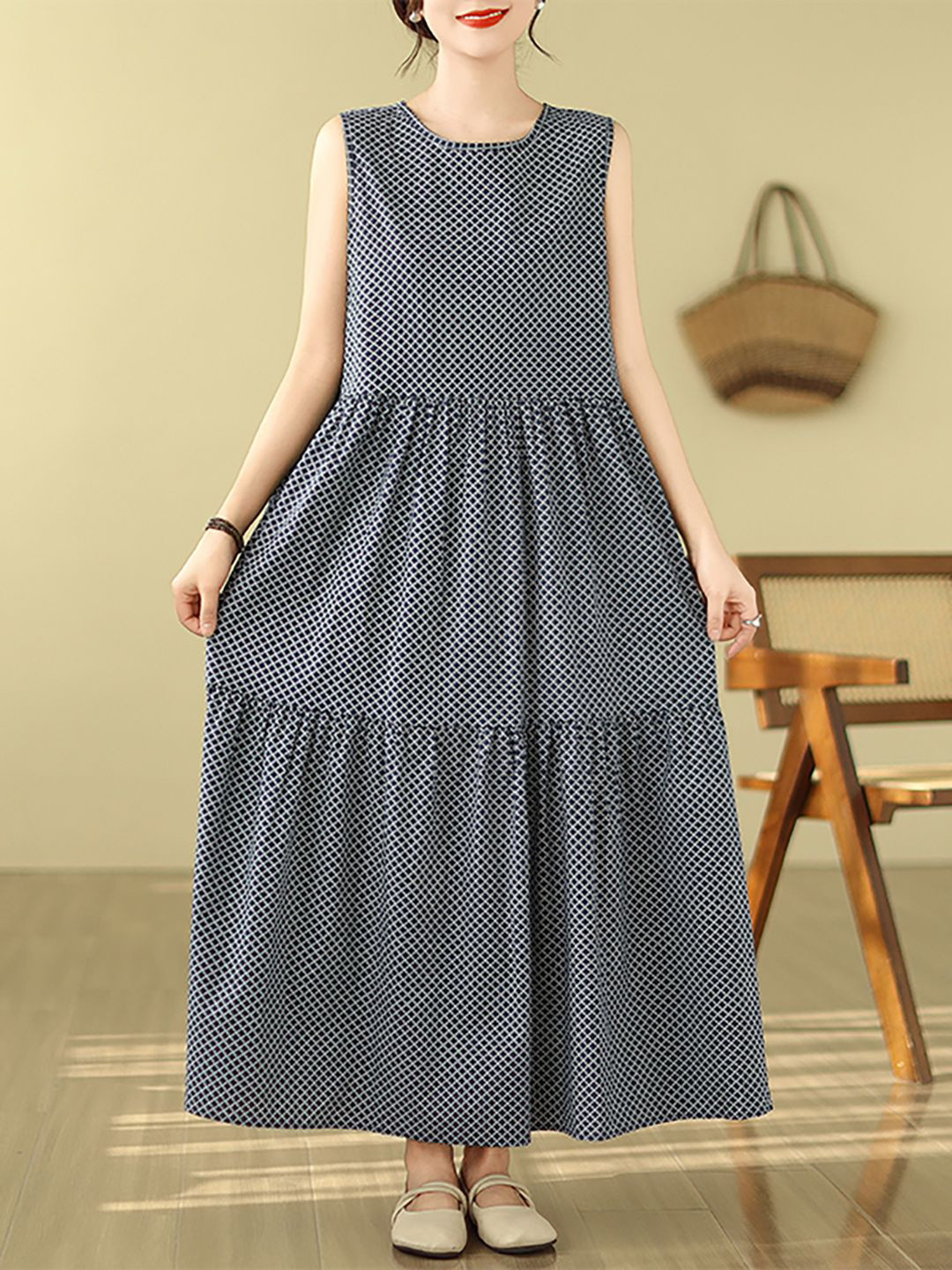JC Mode Checked Tiered Fit & Flare Maxi Dress