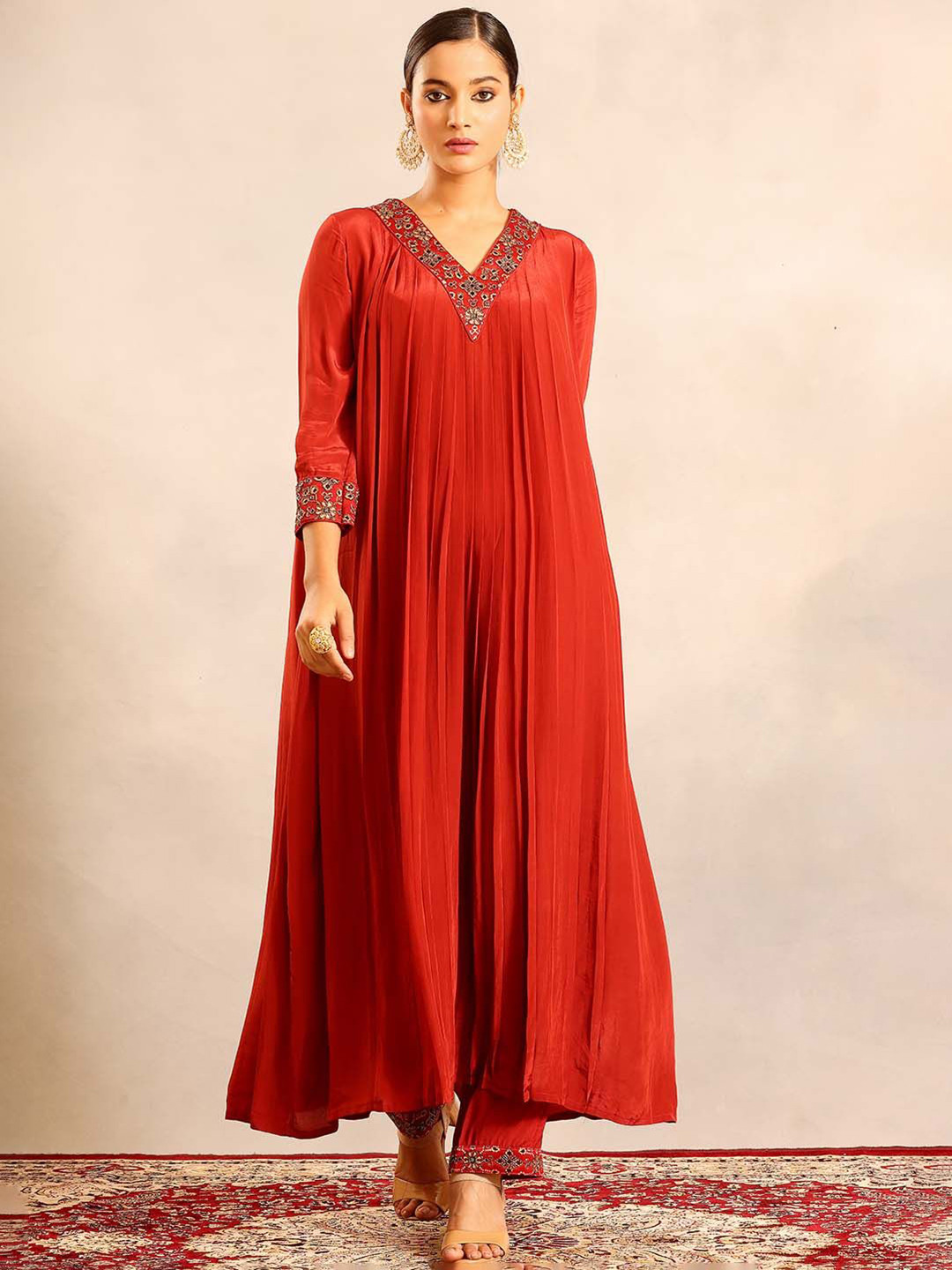 Sejal Kamdar Scarlet Ethnic Motifs Embellished Beads and Stones A-Line Kurta With Trousers