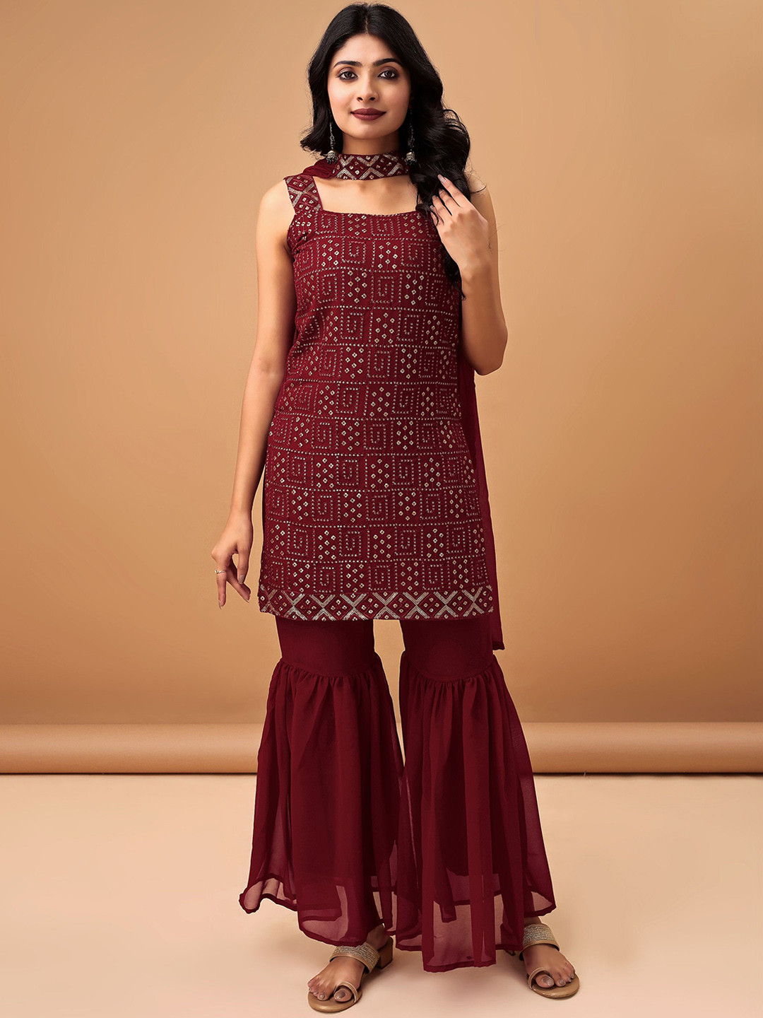 Sashay Boutique Embroidered Regular Georgette Sequinned Kurta with Sharara & Dupatta
