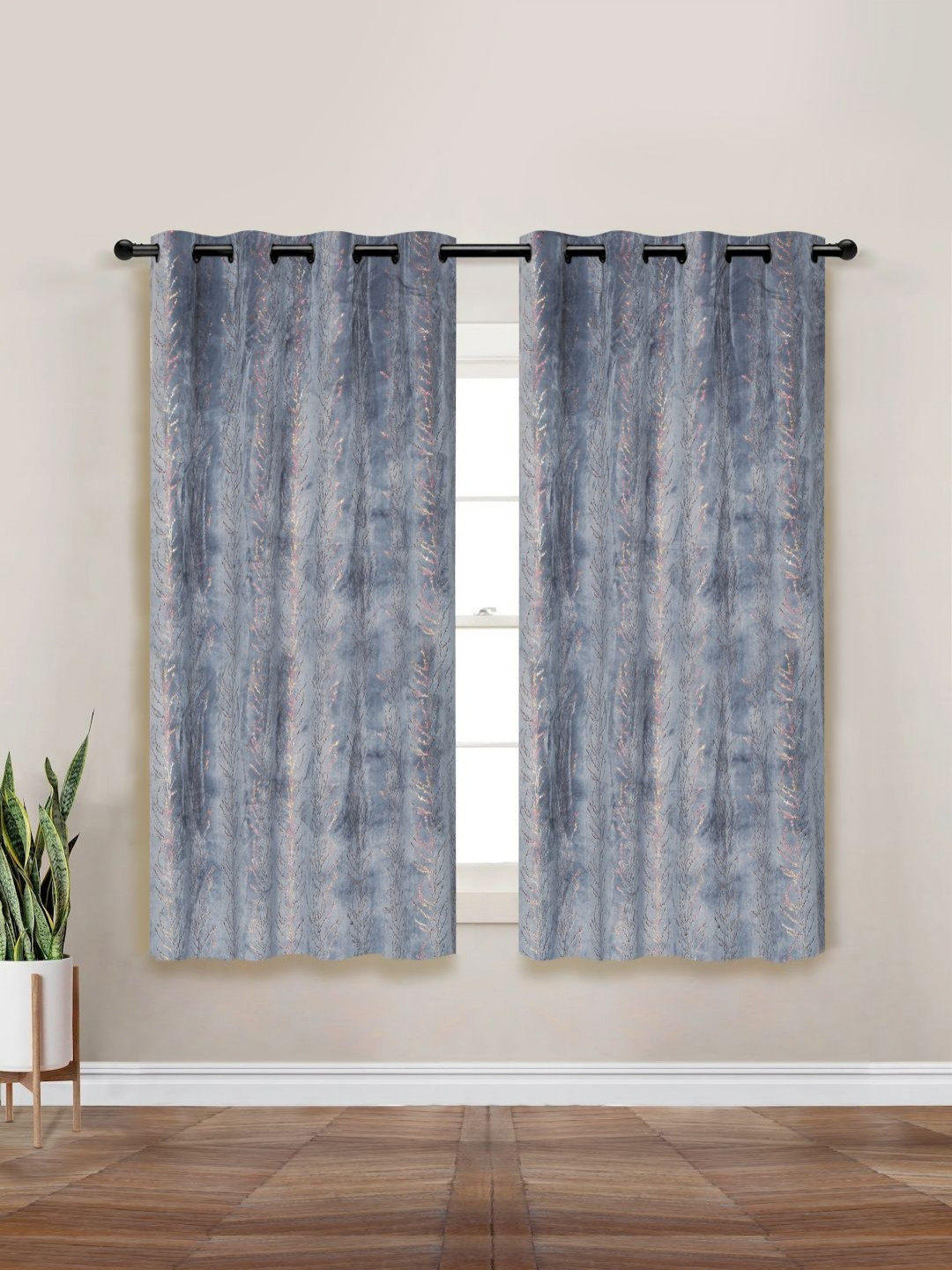 Myntra Elegant Homes Grey Melange & Orange Set of 2 Floral Black Out Window Curtain