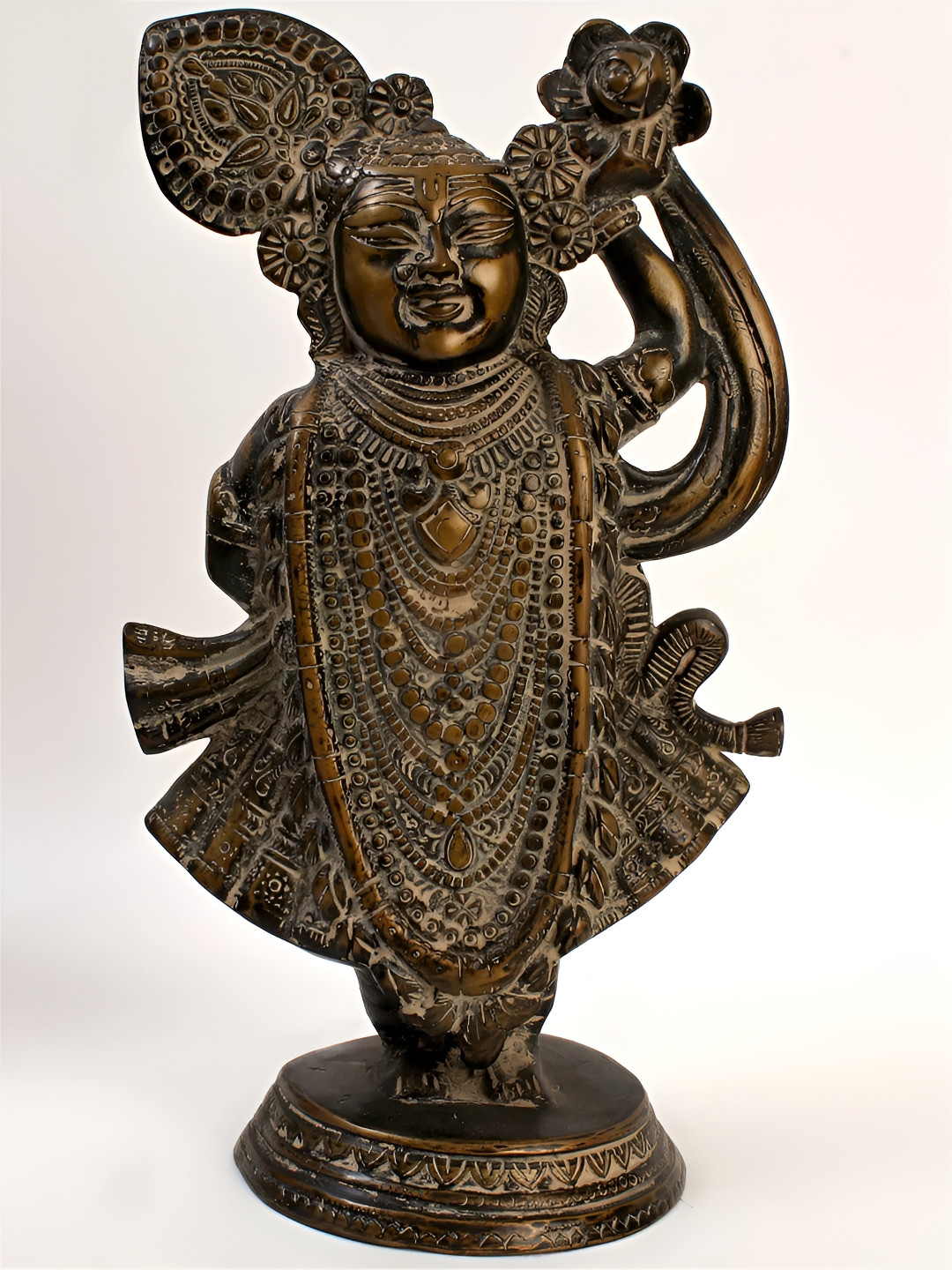 Exotic India Shri Krishna As Shrinath Ji Gold Brass Metallic Living Room Hand Made Medium Showpiece - 13 Inches