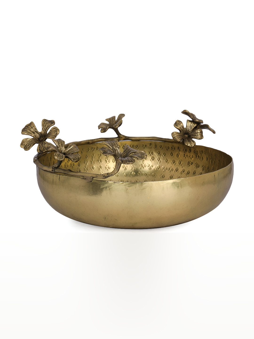 Exotic India Handcrafted Designer Brass Urli with Blooming Flowers