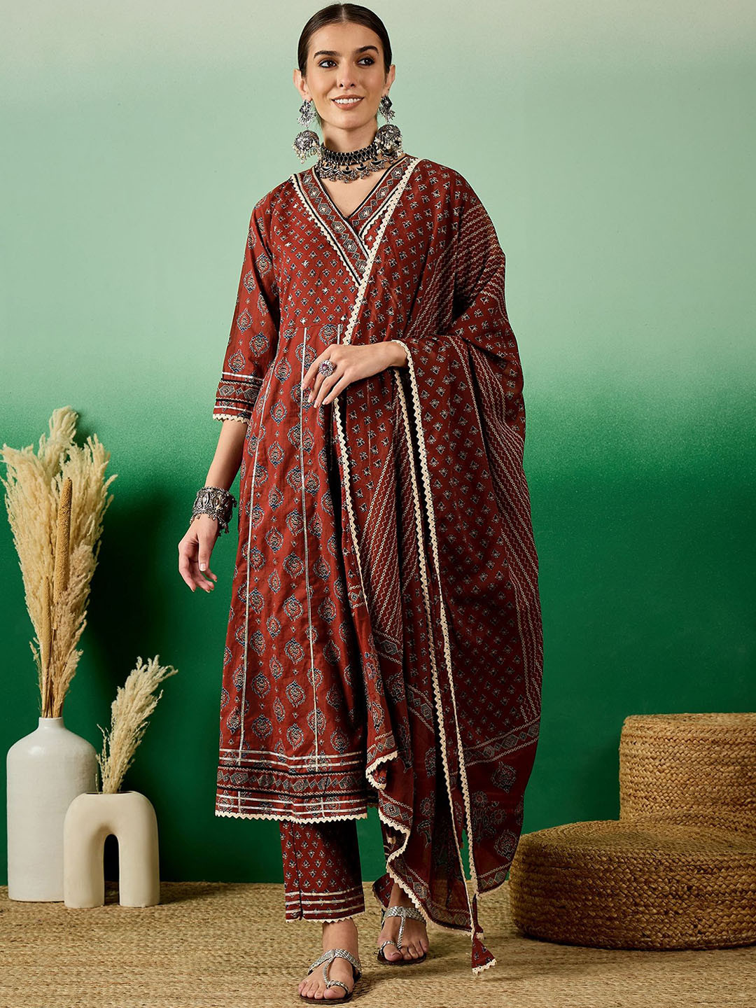 KAVINDI Printed Gotta Patti Jaipuri Cotton Anarkali Kurta with Trousers & Dupatta