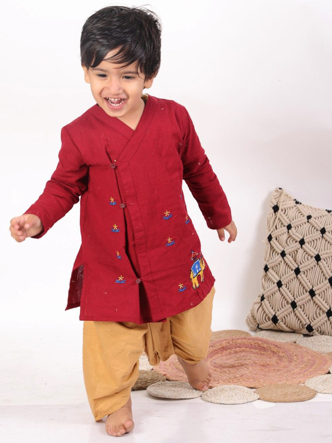 LITTLE GINNIE Boys Ethnic Motifs Embroidered Angrakha Pure Cotton Kurta with Dhoti Pants