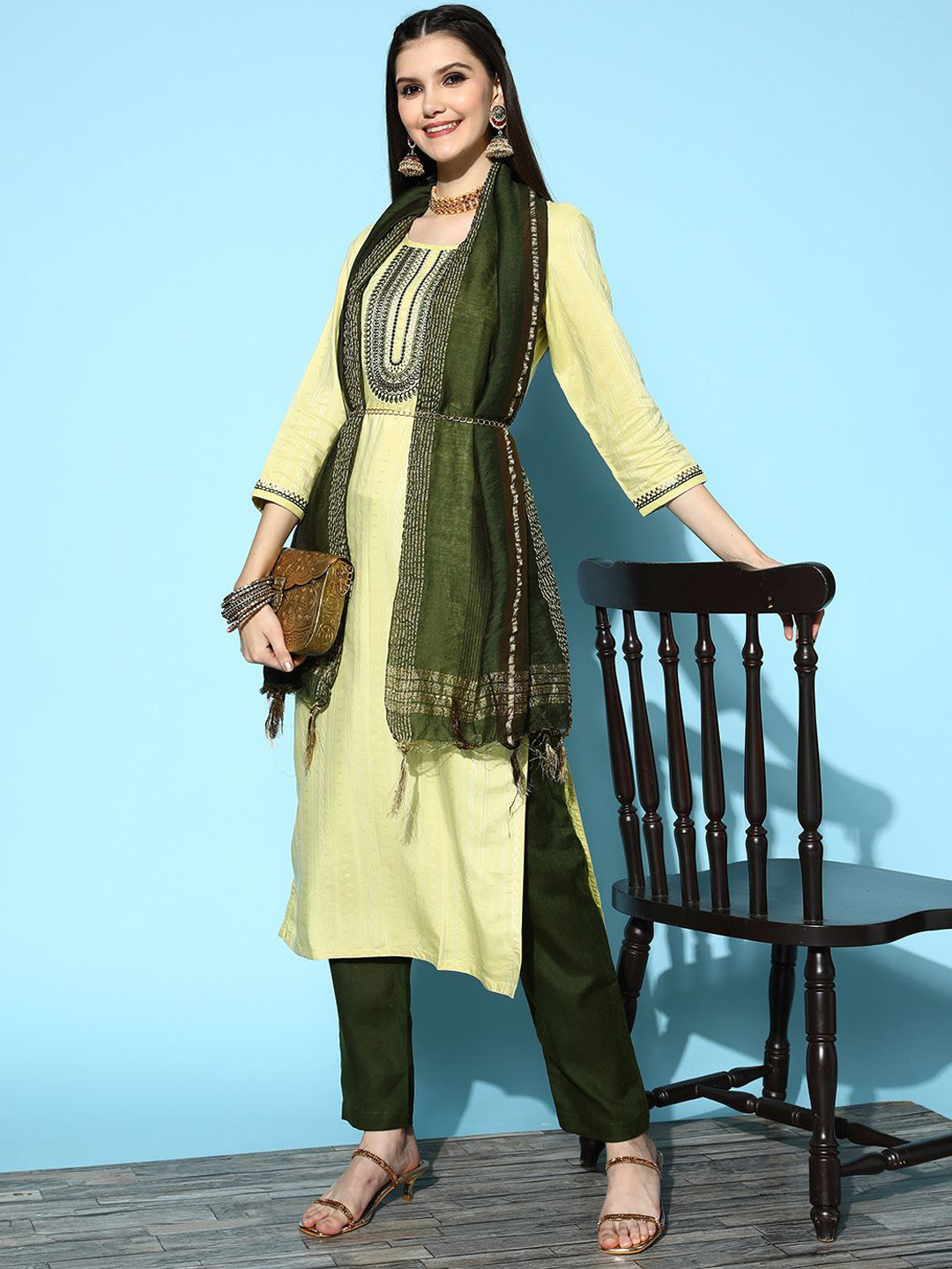Sangria Floral Embroidered Sequence Round Neck Straight Kurta & Sharara With Dupatta