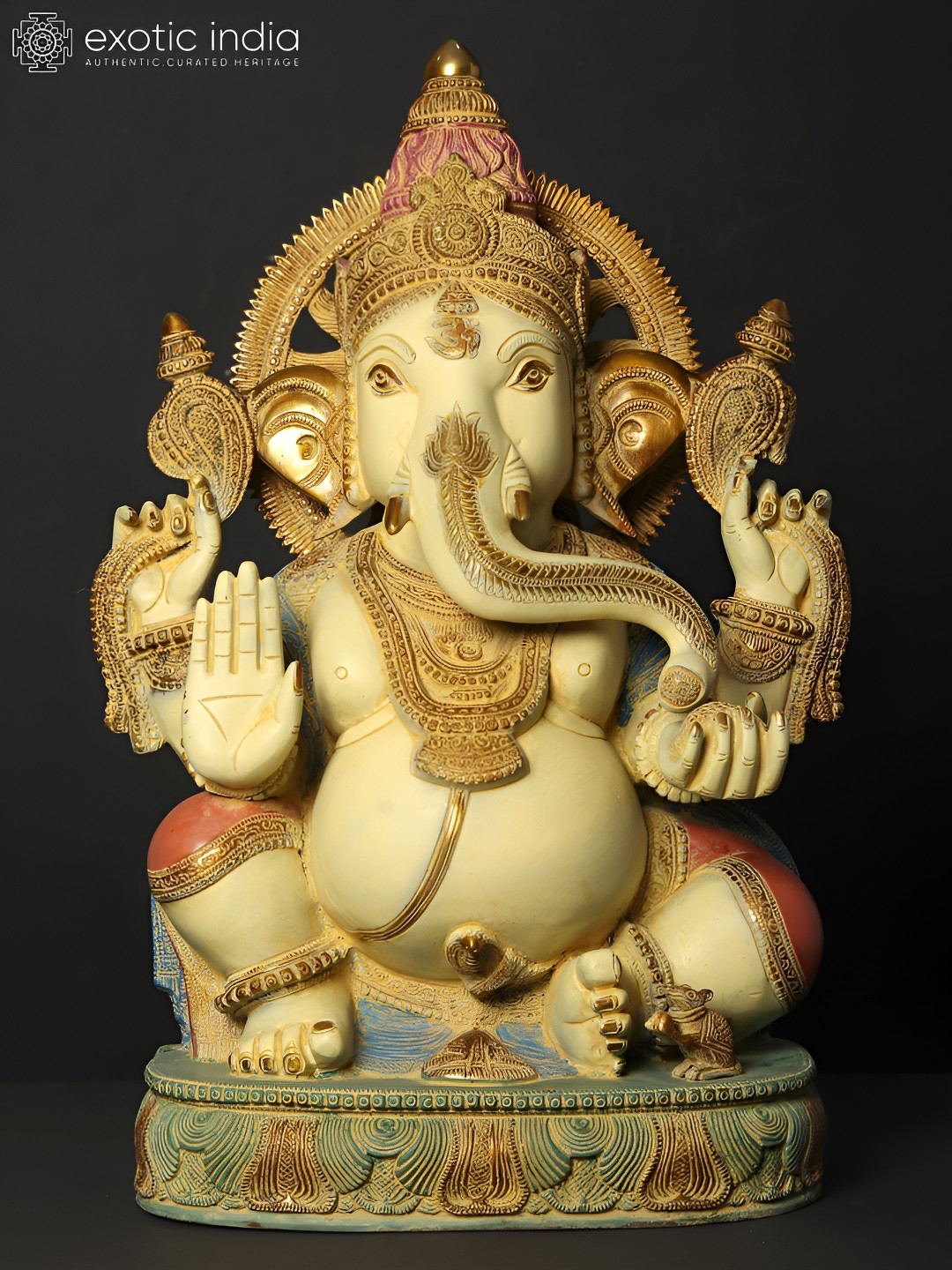 Exotic India Blessing Lord Ganesha Yellow Brass Metallic Prayer Room Large Showpiece - 19 Inches