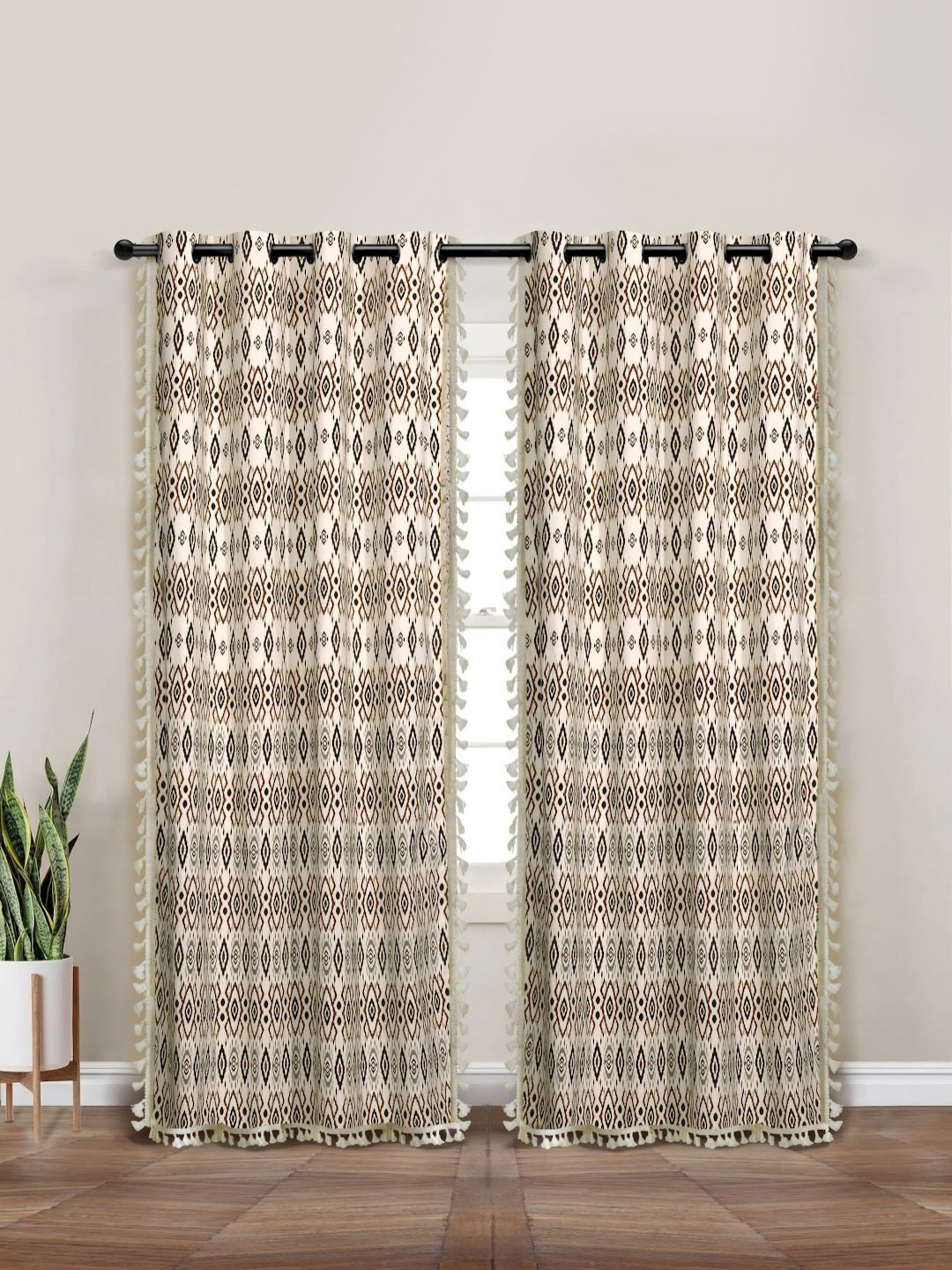 Myntra Elegant Homes Beige & White Set of 2 Ethnic Motifs Black Out Long Door Curtain