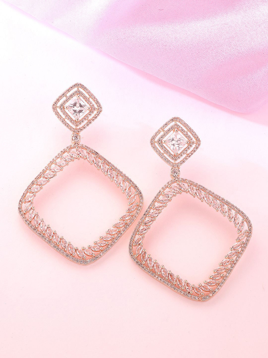 ADIVA Rose Gold Plated American Diamond Geometric Drop Earrings