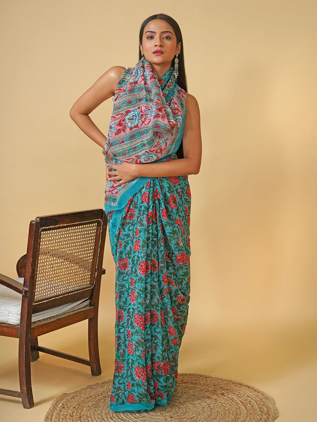 TEEJH Floral Organza Block Print Saree