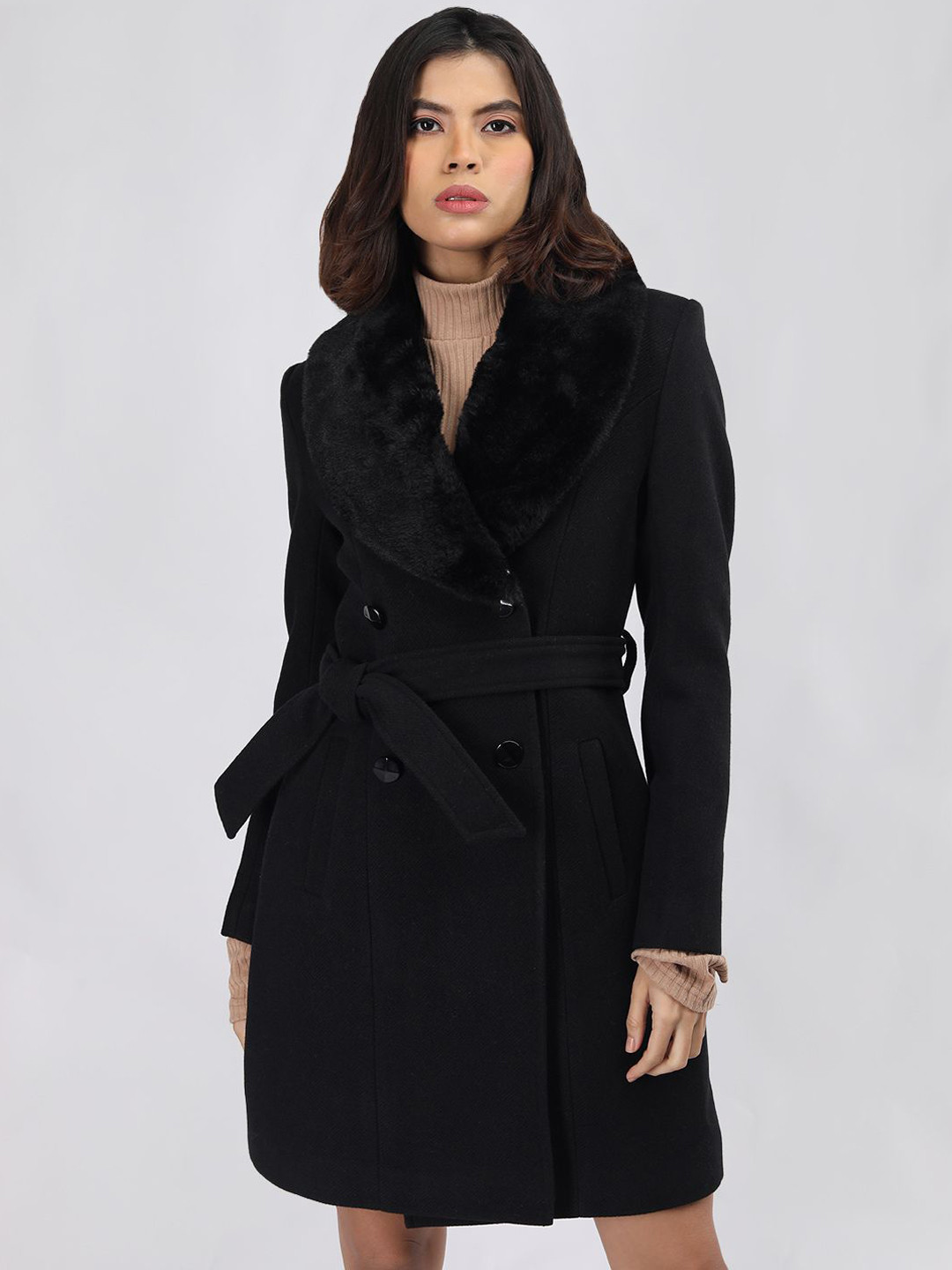 PROTEX Women Solid Double Breasted Winter Wear Woollen Peacoat