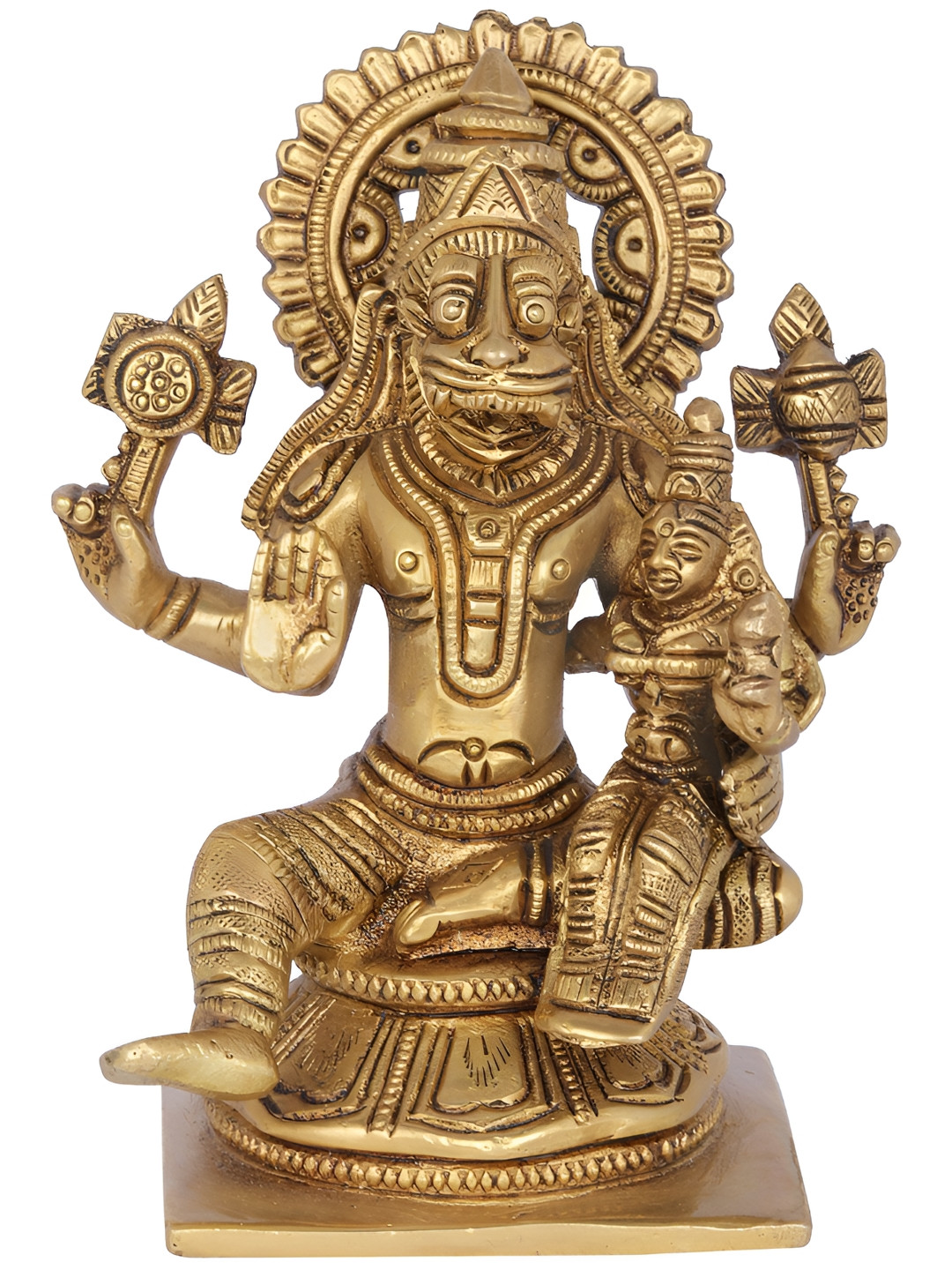 Exotic India Narasimha with Goddess Lakshmi Gold Brass Metallic Living Room Hand Made Medium Showpiece - 5.4 Inches