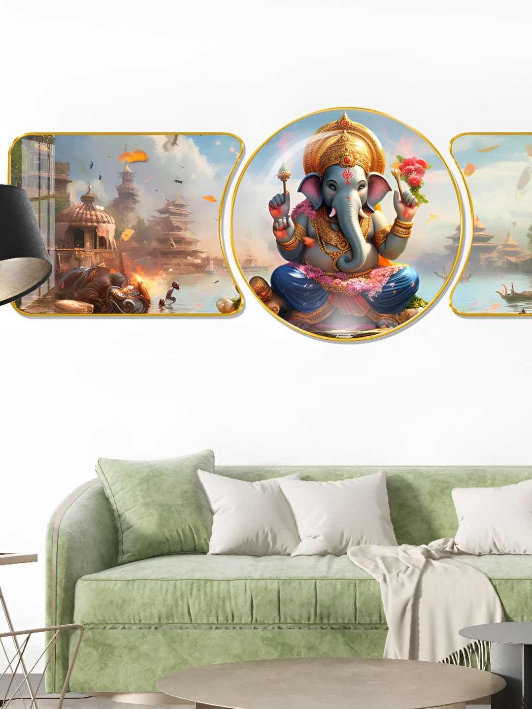 Aura Ganesha Wood 3 Piece Wall Round Paintings Wall Art - 48 x 16 In