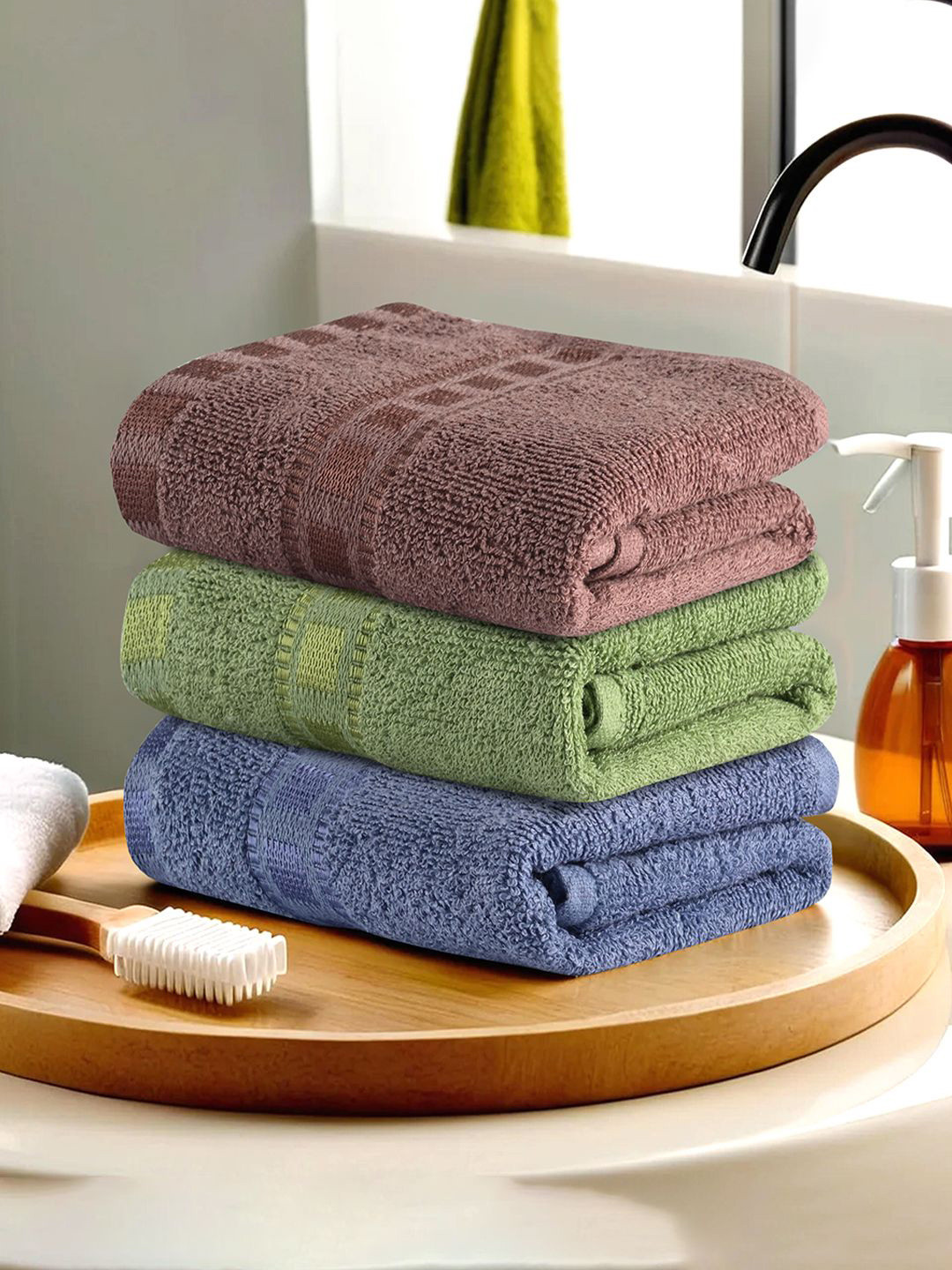 Kuber Industries Green & Brown 3 Pieces Self Designed Face Towels GSM 225 Face Towel