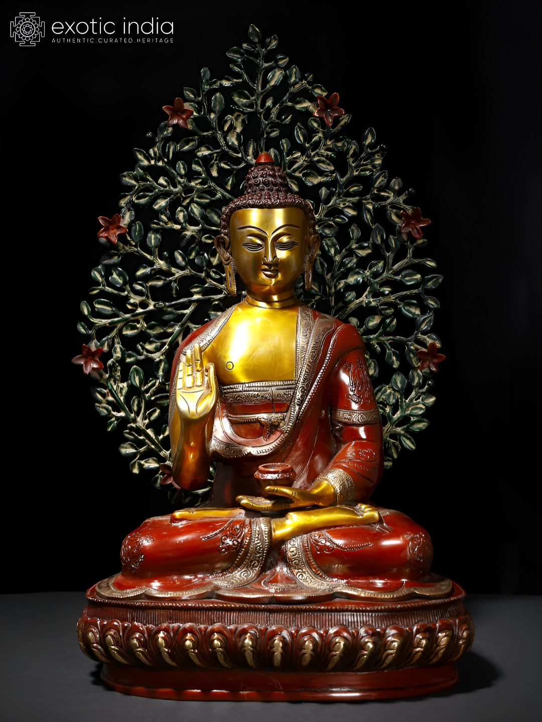 Exotic India Shakyamuni Buddha Gold Brass Metallic Living Room Medium Showpiece - 20 Inches