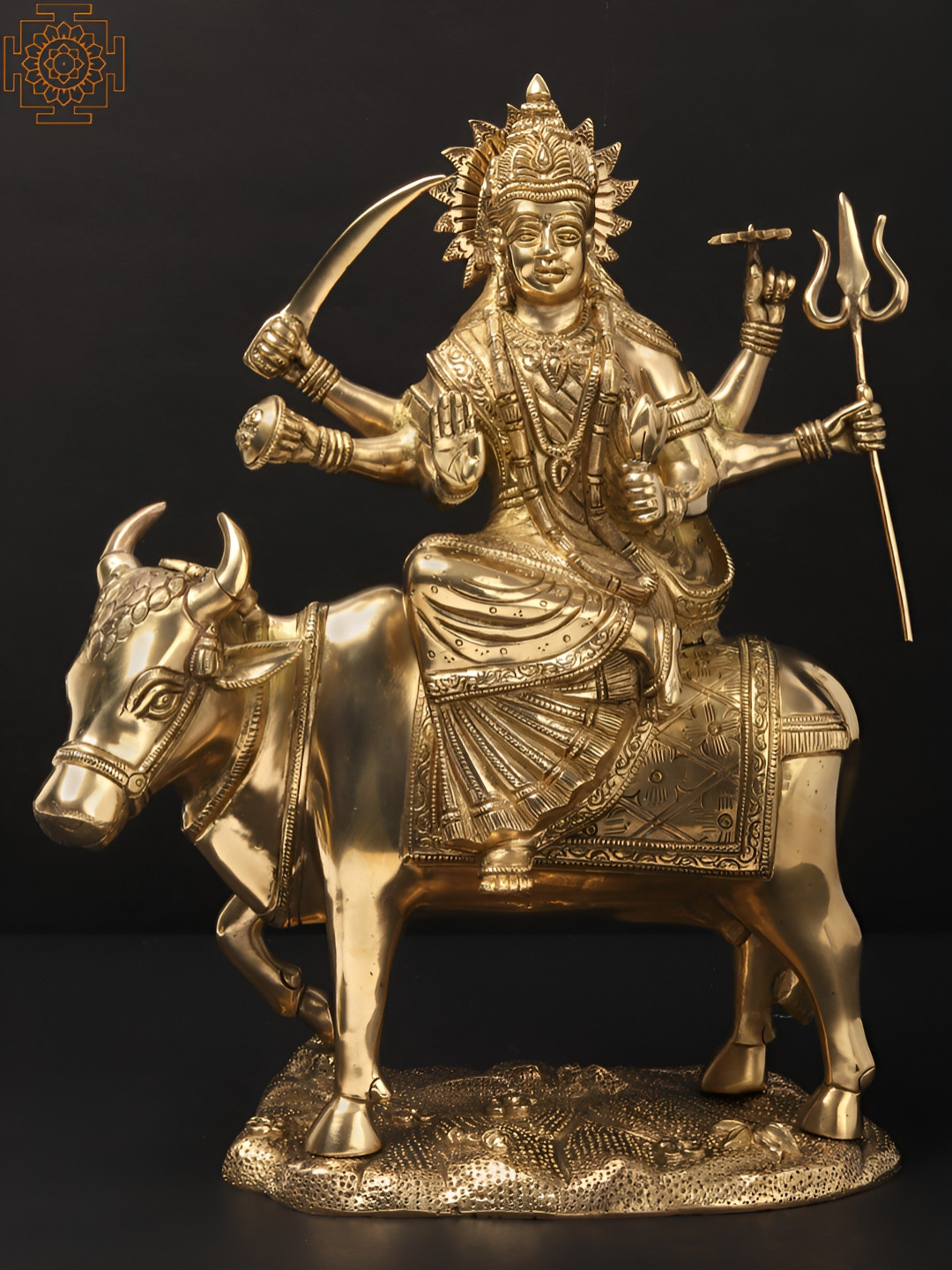 Exotic India Umiyaa Mata Seated on The Back Of A Cow Gold Brass Metallic Living Room Large Showpiece - 13.5 Inches
