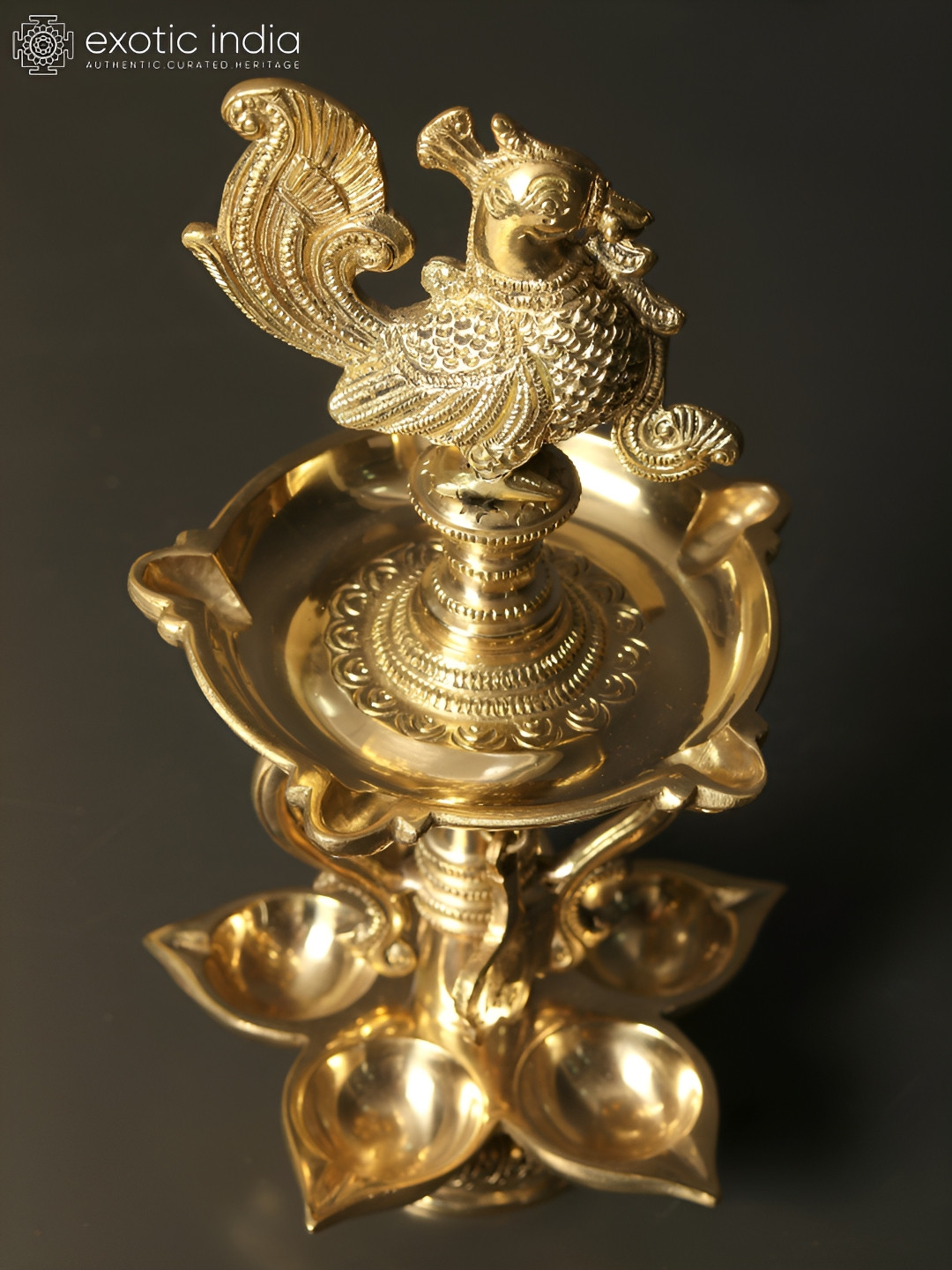 Exotic India Brass Designer Ten Wicks Peacock Lamp