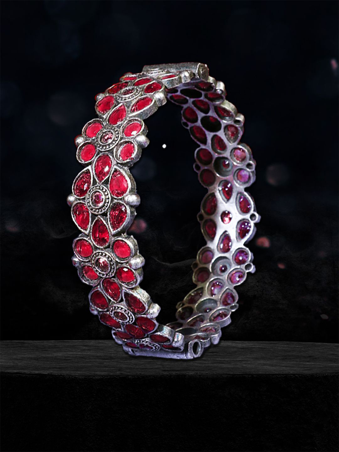 Adwitiya Collection Silver-Plated Stone-Studded Flower Pattern Oxidised Bangle