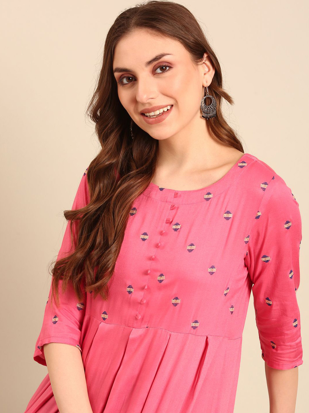 Anouk Pink Ethnic Motifs Yoke Designed Round Neck Pure Cotton Thread Work Anarkali kurta