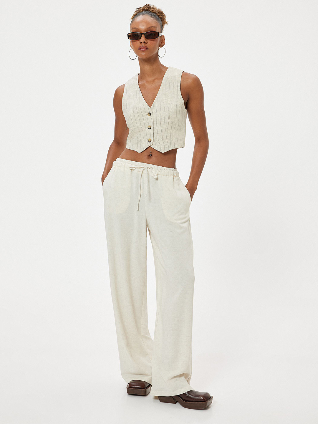 Koton Women Vertical Striped V-Neck Viscose Rayon Top