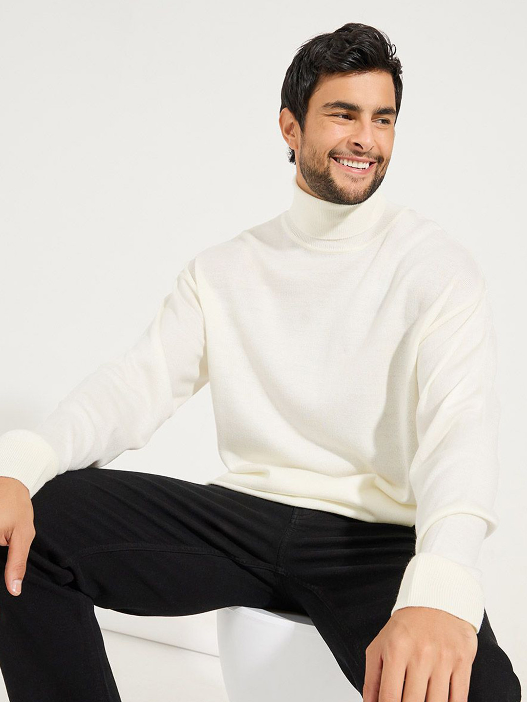 Styli Cream-Coloured Turtle Neck Relaxed Fit Light Weight Acrylic Pullover Sweater