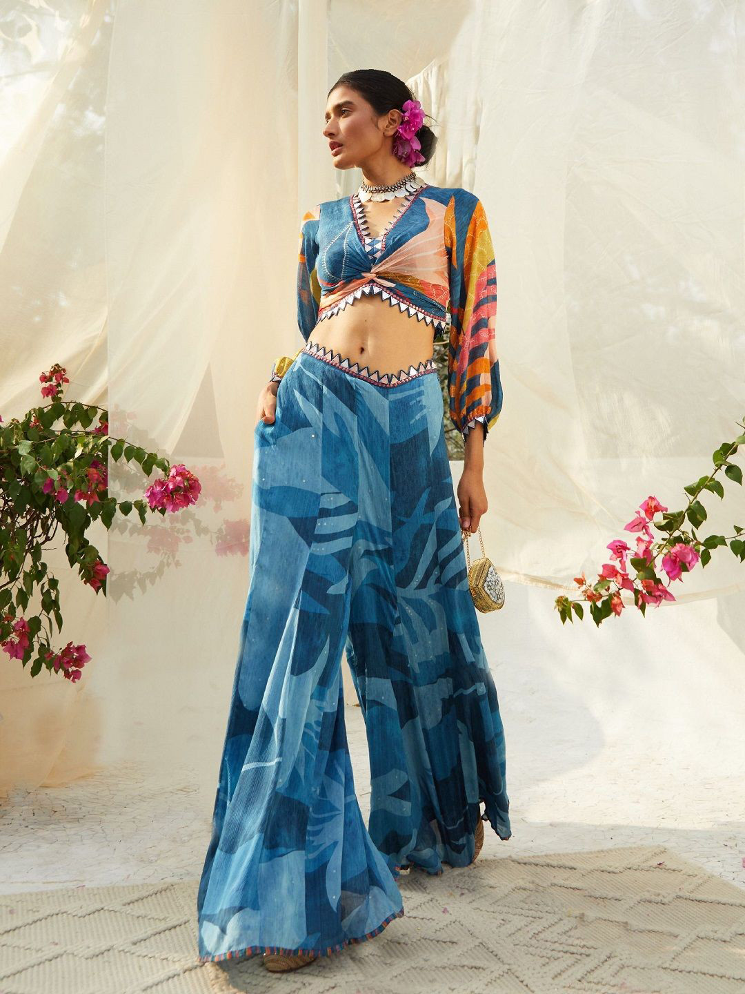 Basil leaf Abstract Printed V Neck Top with Palazzos