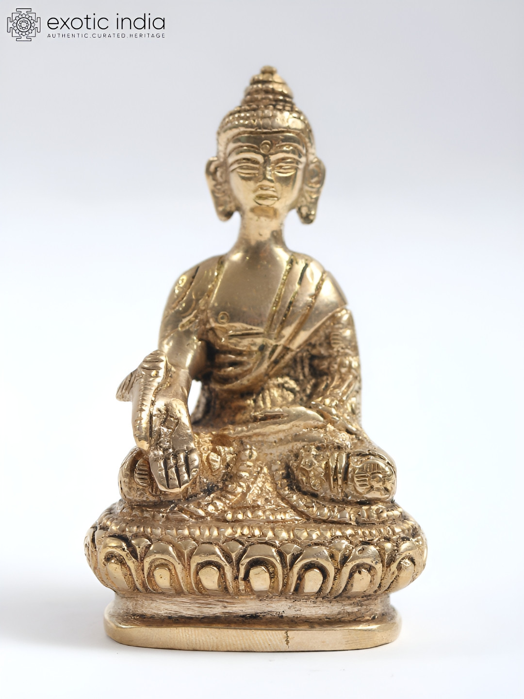 Exotic India Tibetan Buddhist Deity Medicine Buddha Gold Brass Metallic Living Room Small Showpiece - 3.5 Inches
