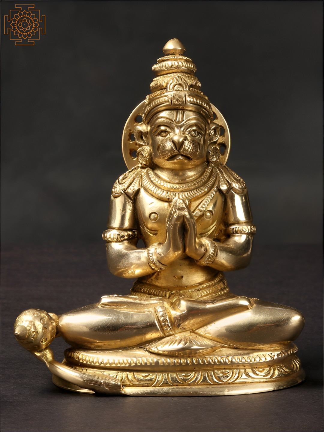 Exotic India Hanuman Seated in Anjali Mudra Gold Brass Metallic Prayer Room Small Showpiece - 4.5 Inches
