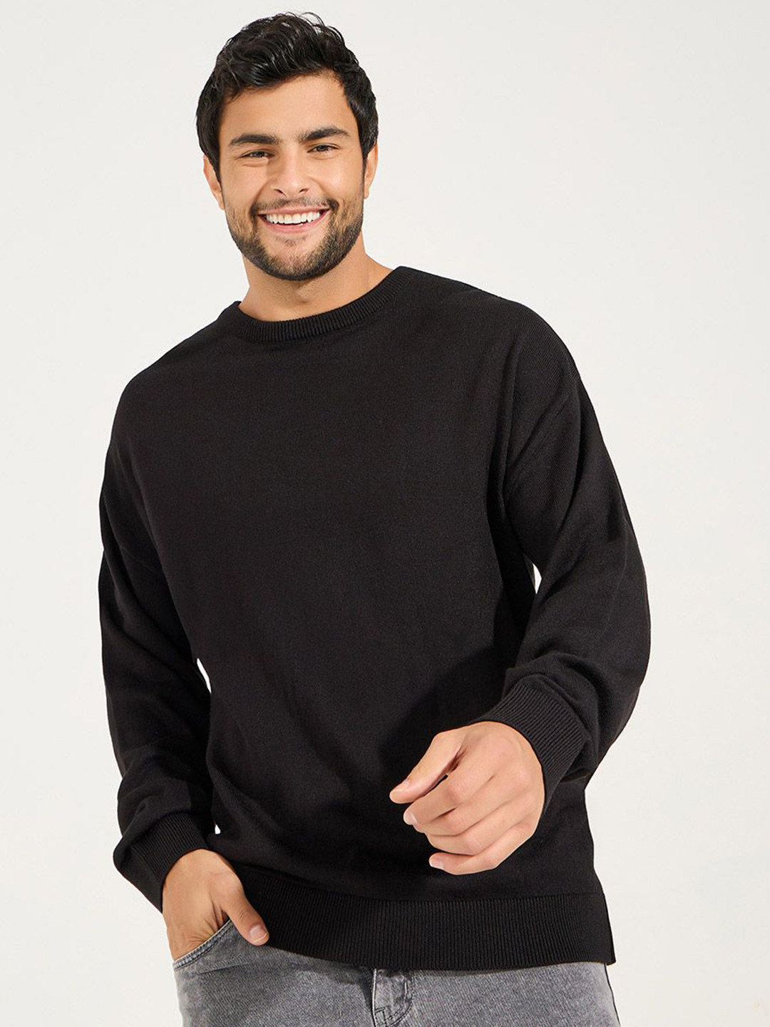 Styli Black Crew Neck Relaxed Fit Light Weight Acrylic Pullover Sweater