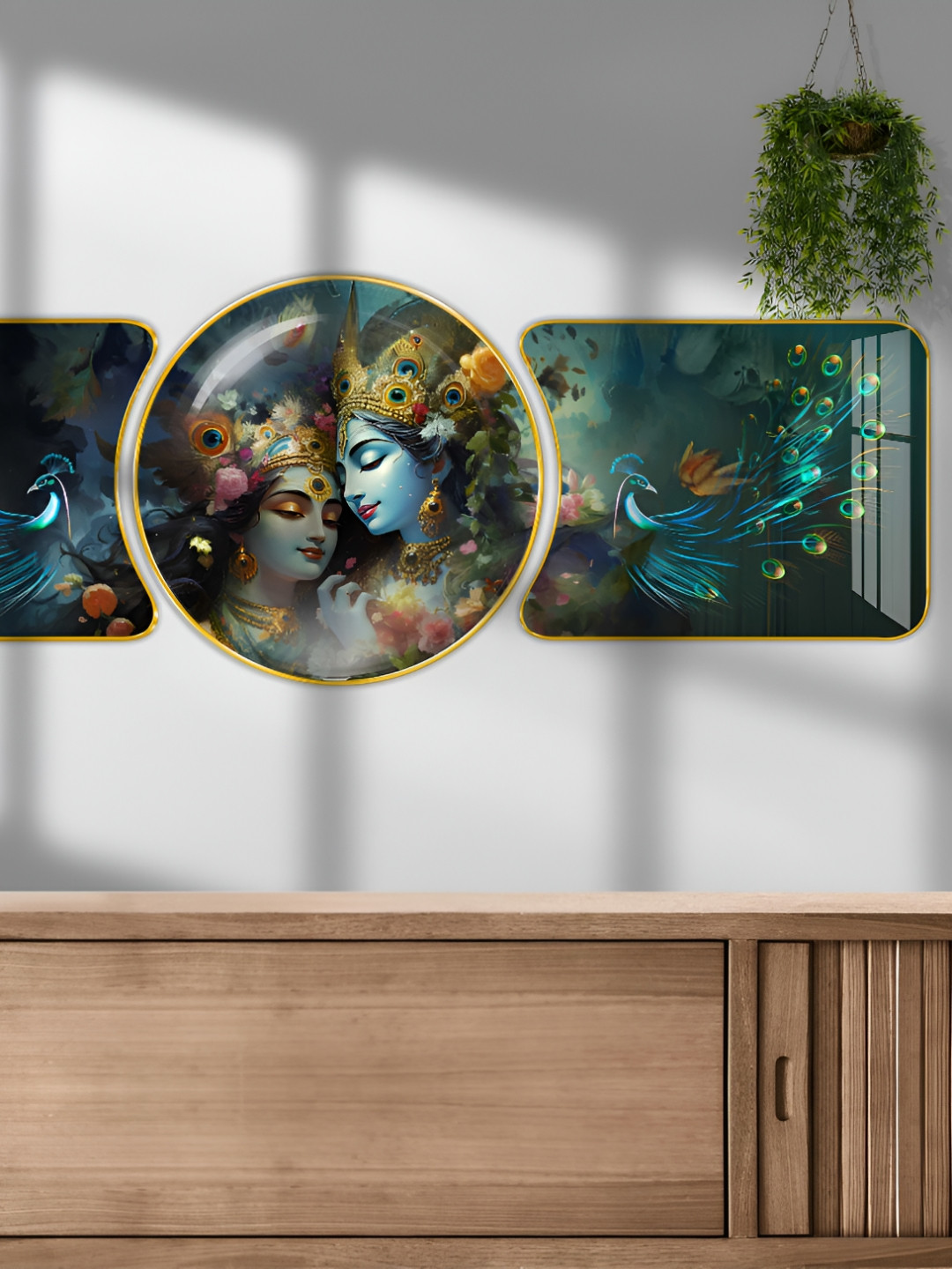 Aura Radha Krishna Wood 3 Piece Wall Round Paintings Wall Art -16 x 48In