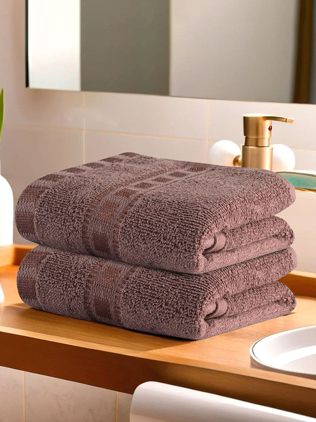 Kuber Industries Brown 2 Pieces Self Designed Face Towels GSM 225 Face Towels