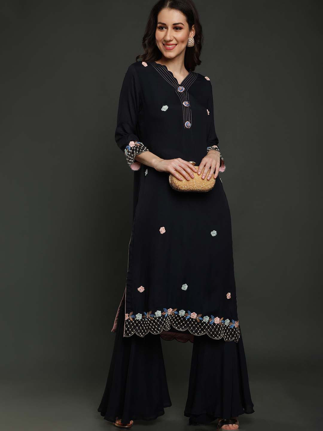 Sejal Kamdar Nazma Yoke Design V-Neck Beads and Stones Kurta With Garara