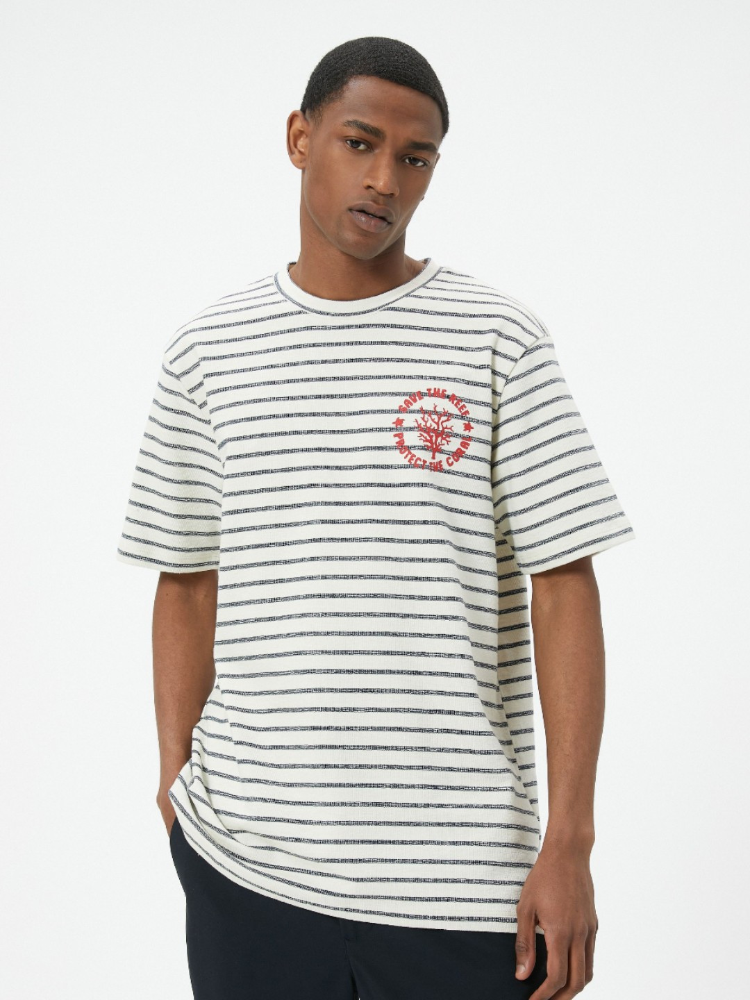 Koton Multi or Variegate Stripes Printed Round Neck Drop Shoulder Sleeves Cotton T-shirt