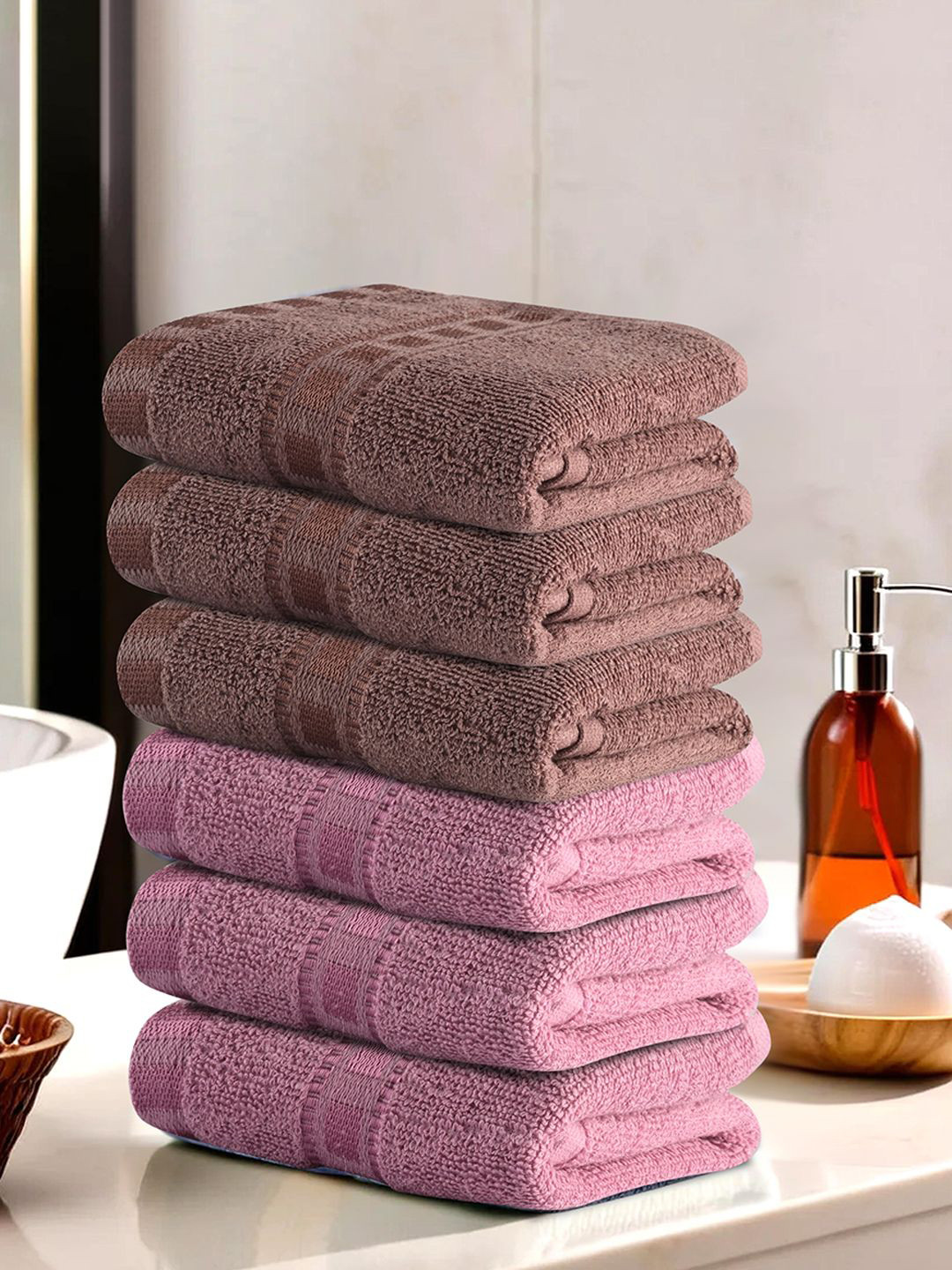 Kuber Industries Pink & Brown 6 Pieces Self Design 225 GSM Cotton Face Towels