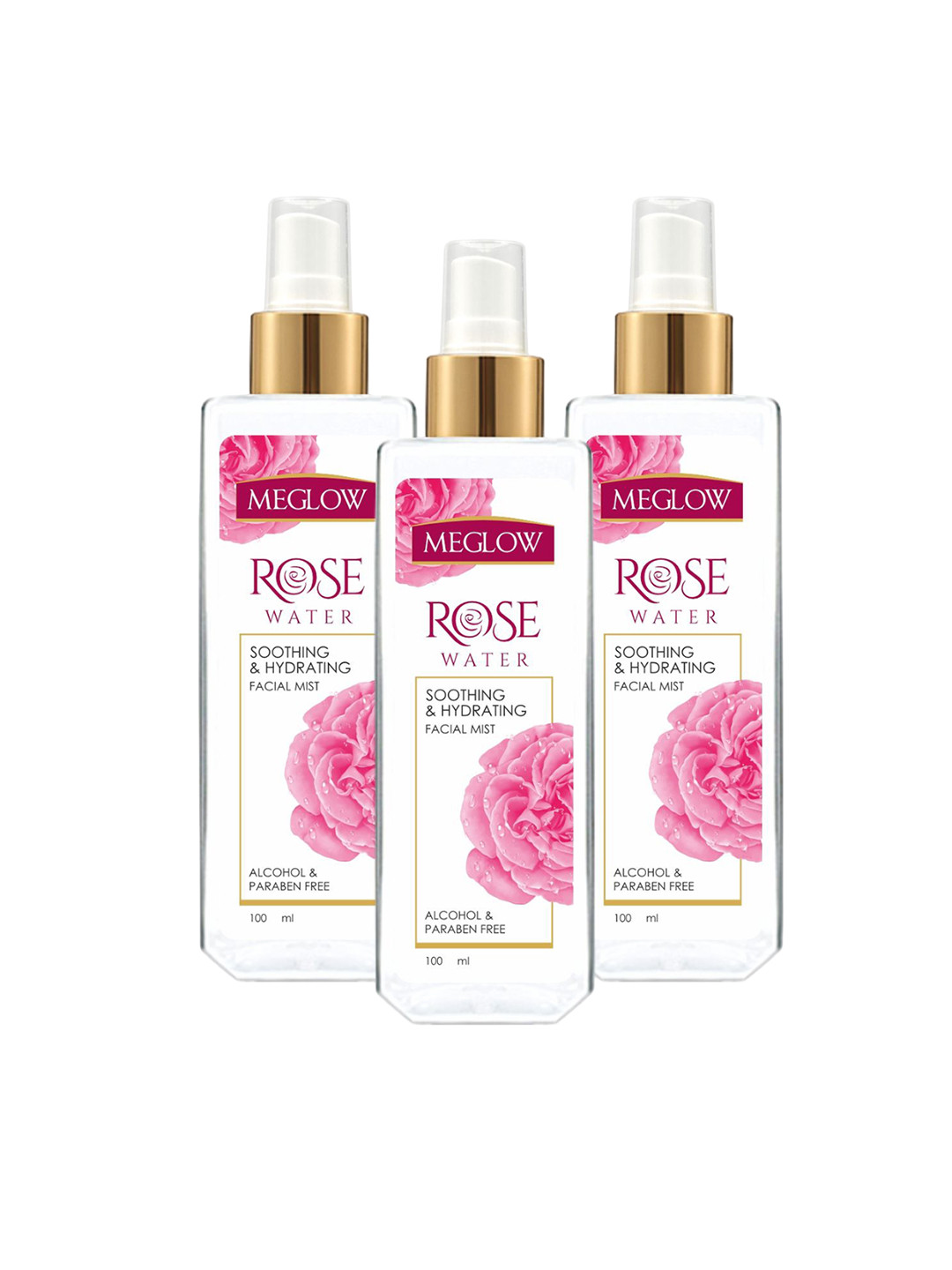 Meglow Set of 3 Pure Gulab Jal Rose Water for Pore Reduction & Hydration - 100ml each