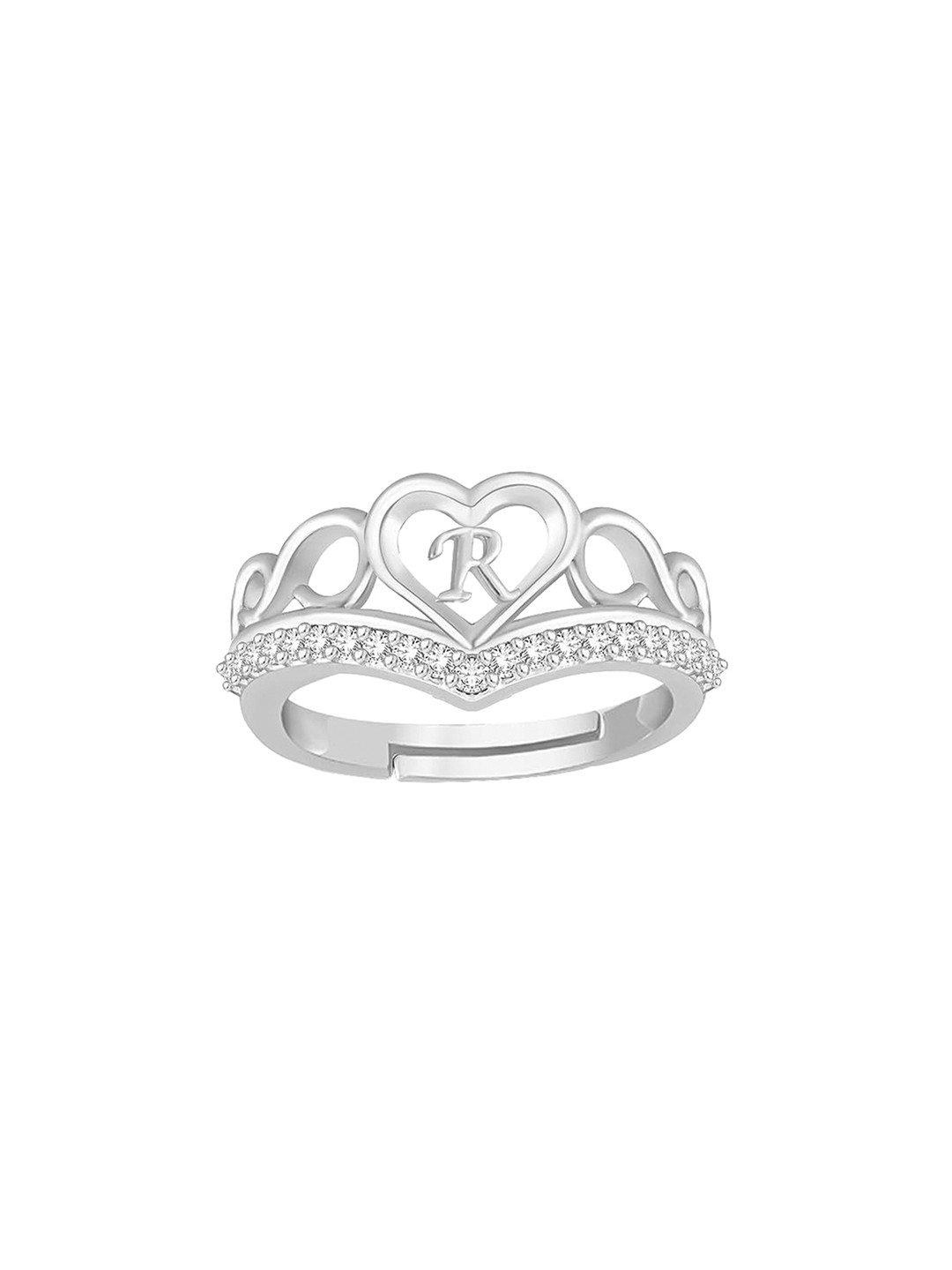 Lila Silver Plated Cubic Zirconia Stone Studded Alphabet R Finger Ring