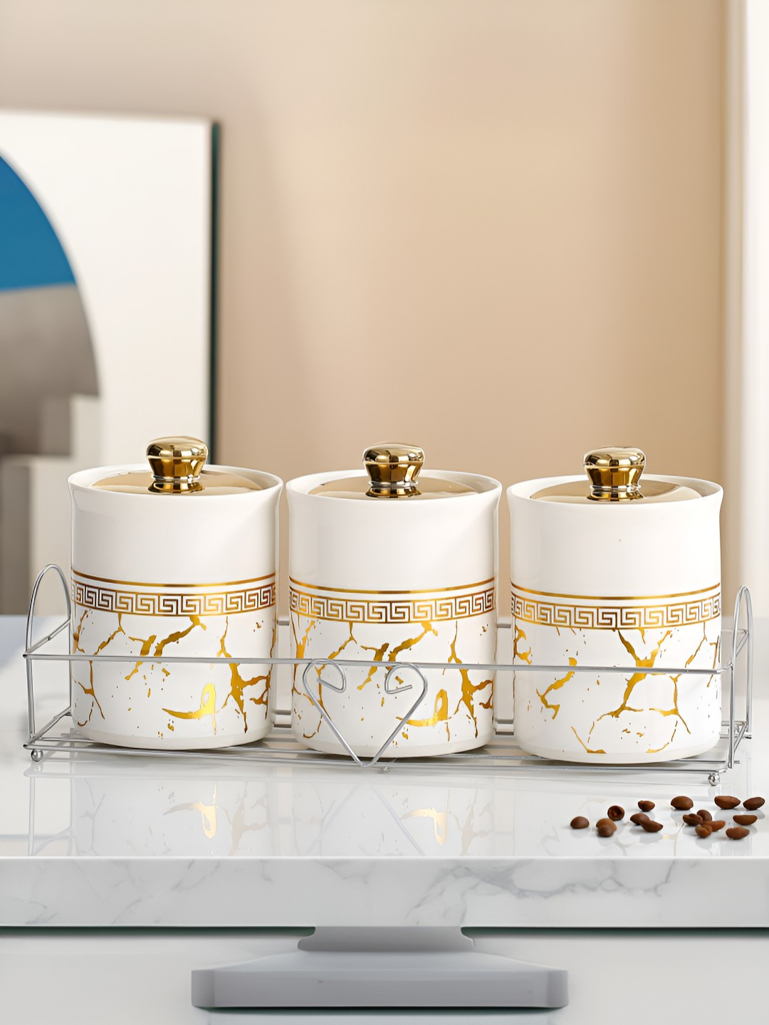 Umai White Marble Ceramic Stain Resistant 3 Piece Clip-On Jar-700ml