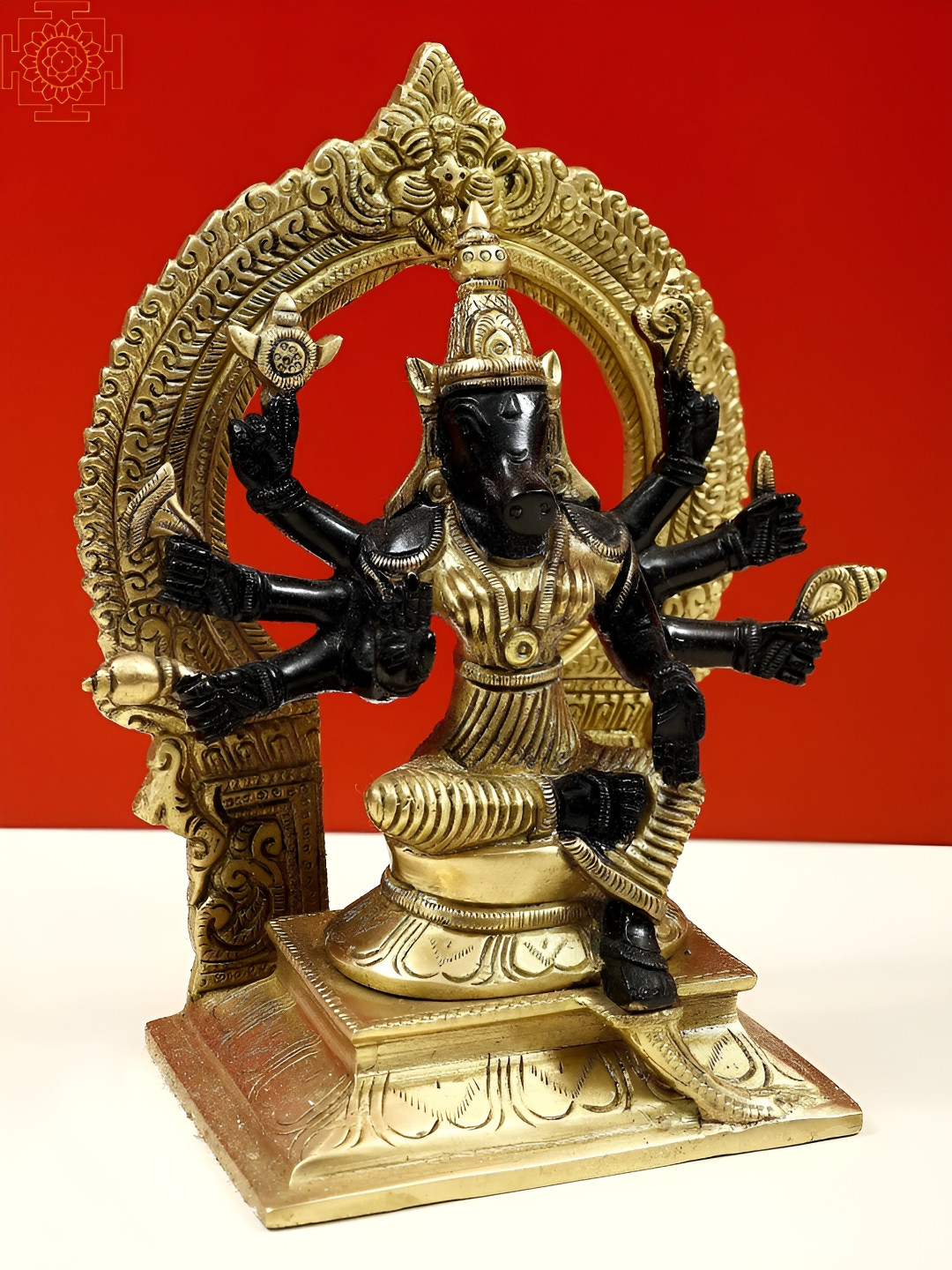 Exotic India Eight Armed Goddess Varahi Seated On Kirtimukha Prabhawali Throne Gold Brass Metallic Prayer Room Medium Showpiece - 8 Inches