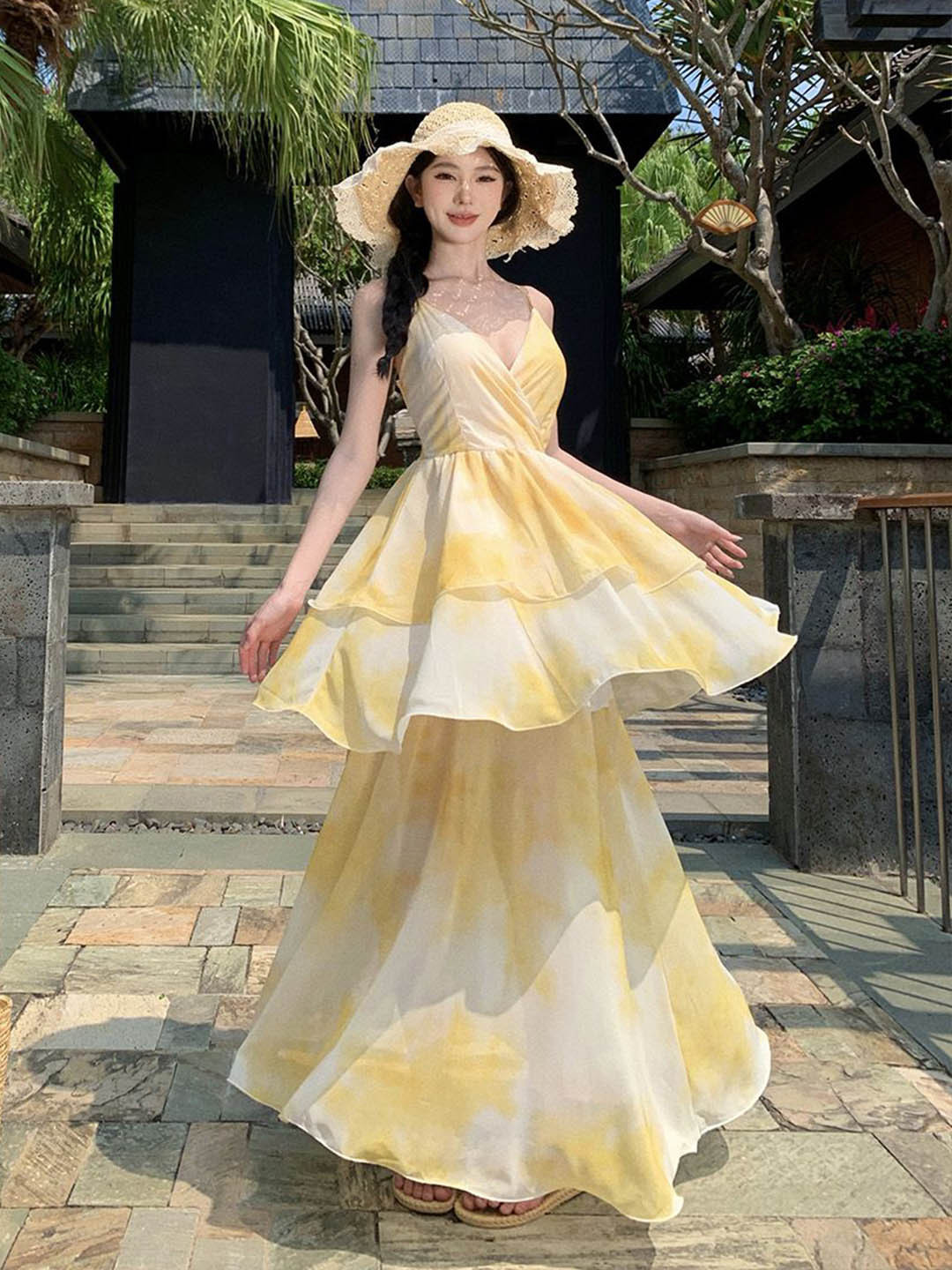 JC Mode Tie and Dye Layered Fit & Flare Maxi Dress