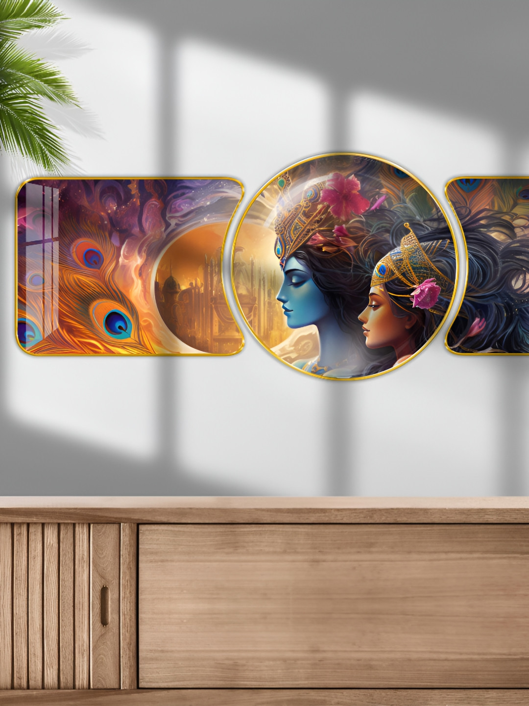Aura Radha Krishna Wood 3 Piece Wall Round Paintings Wall Art - 48 x 16 In