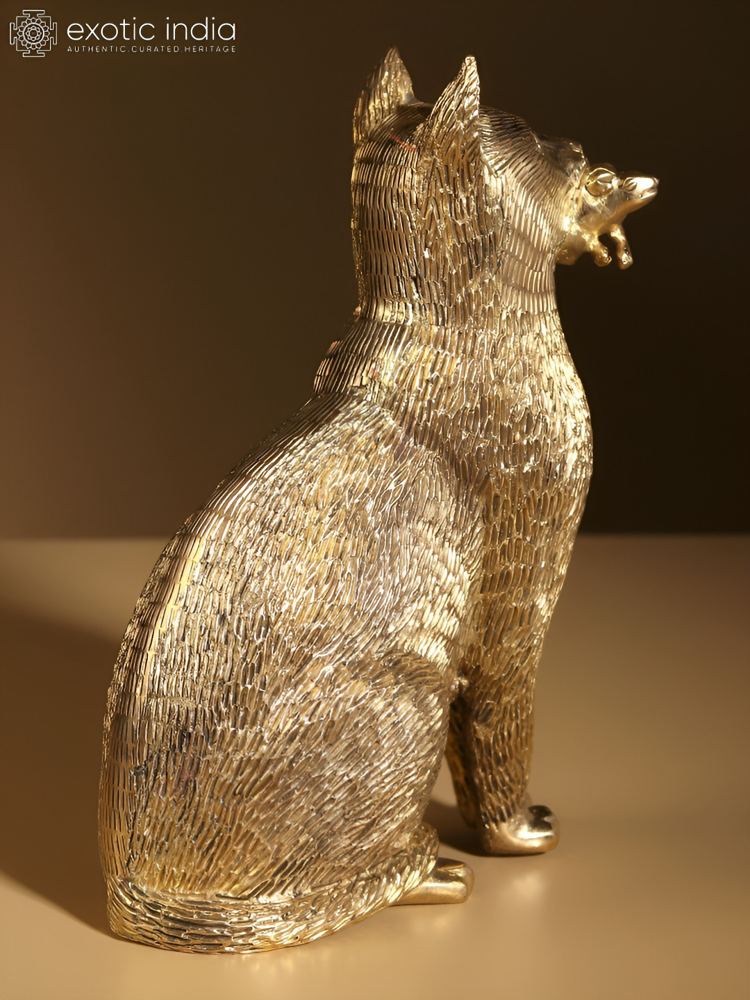 Exotic India Cat with Mouse in Her Mouth Gold Brass Metallic Living Room Medium Showpiece - 7.8 Inches