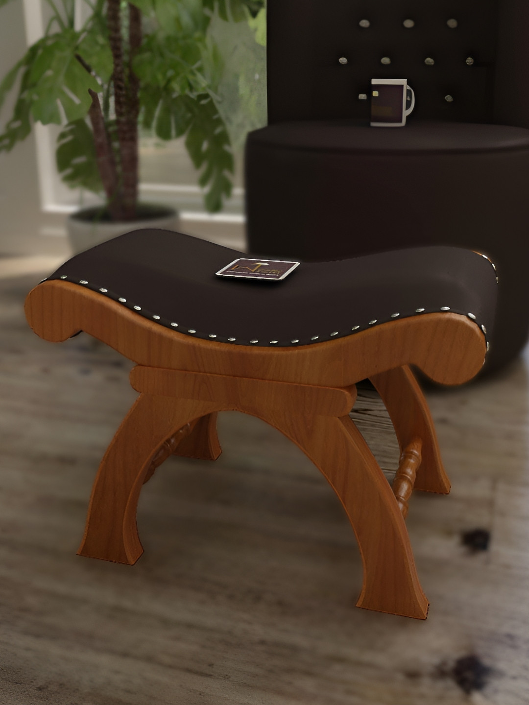 Wooden Twist Brown Wooden Cushioned Ottoman Stool
