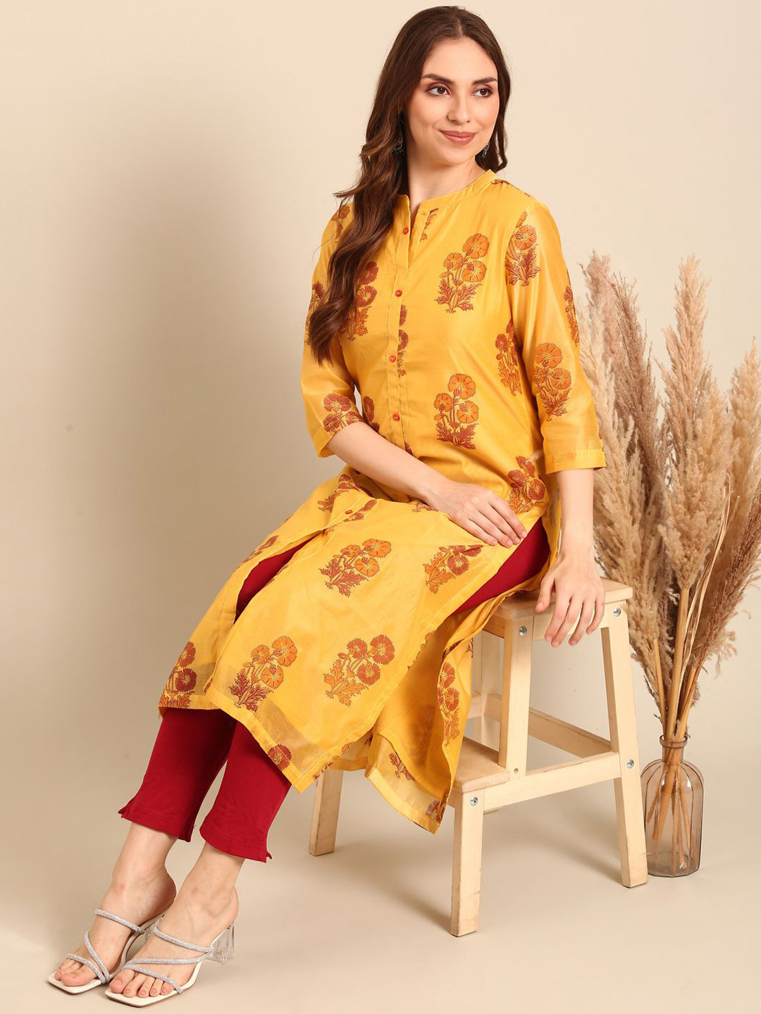 Anouk Floral Printed Band Collar Chanderi Silk Straight Kurta