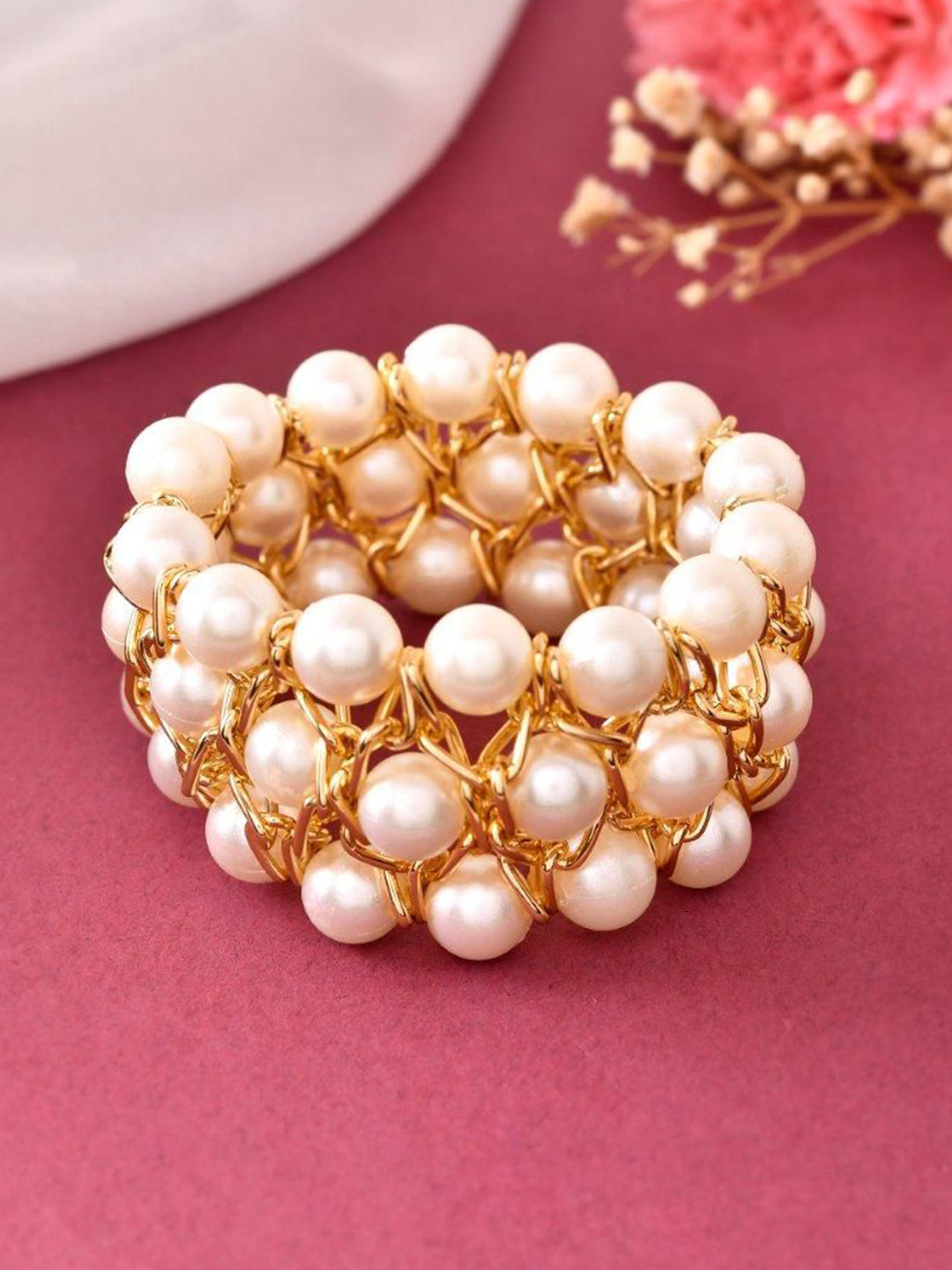 VOJ Gold Plated Stainless Steel Pearls Elasticated Bracelet