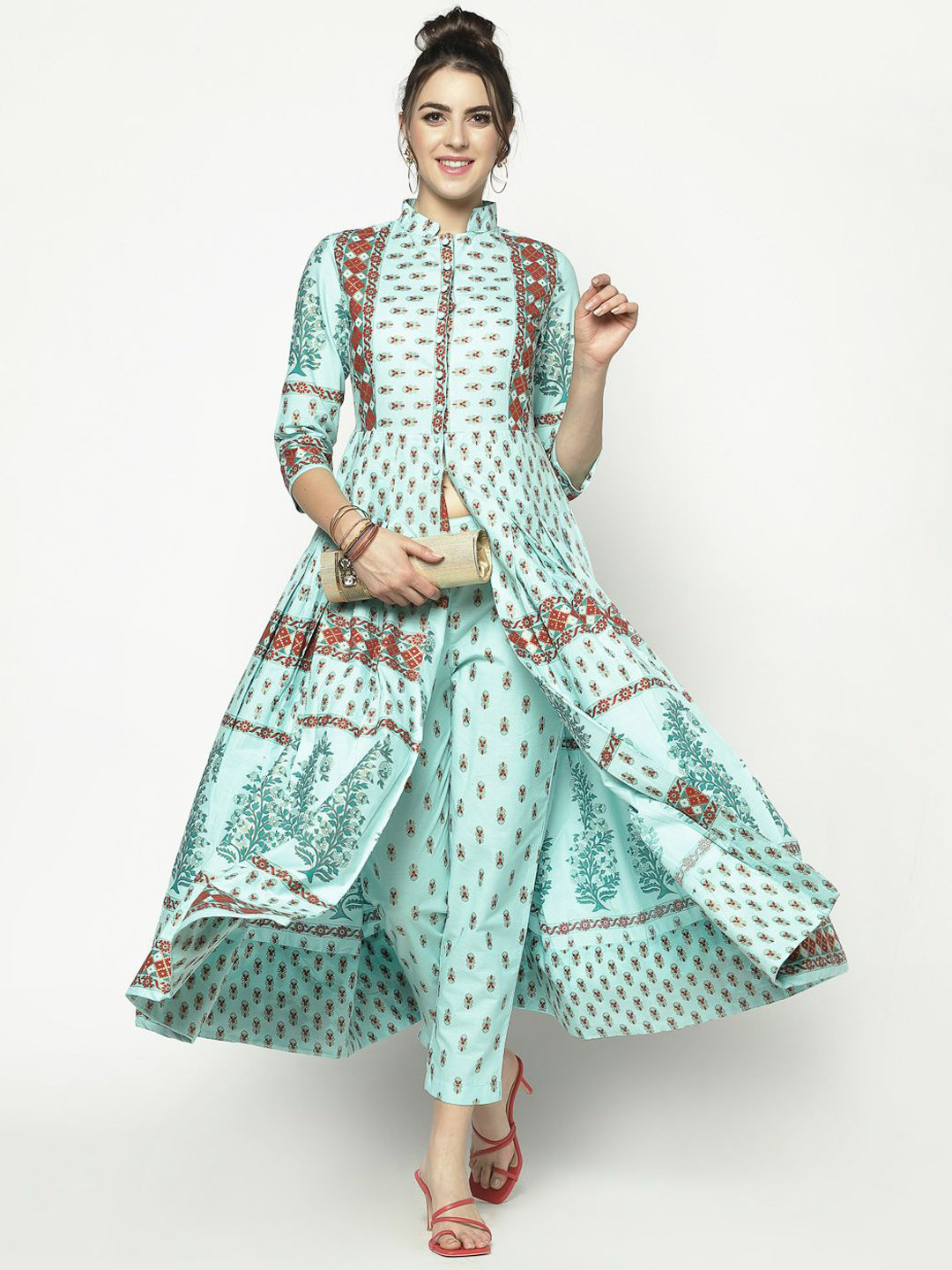 Sera Floral Printed High Slit Mandarin Collar Pure Cotton Anarkali Kurta with Palazzos