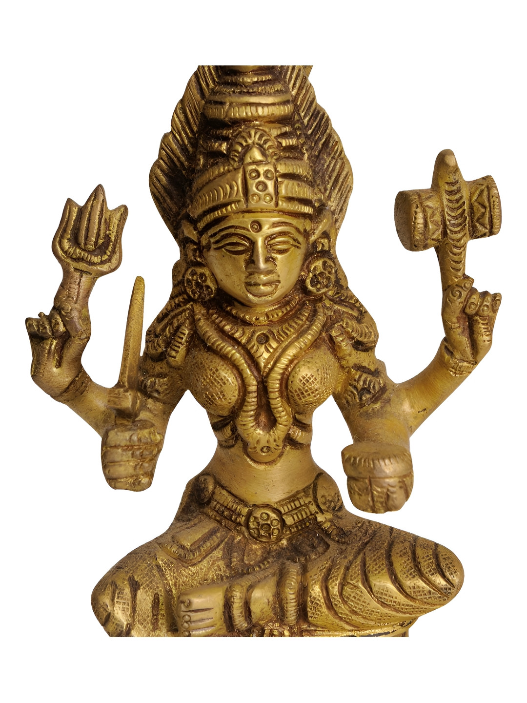 Exotic India Goddess Mariamman Gold Brass Metallic Prayer Room Hand Made Small Showpiece - 6.7 Inches